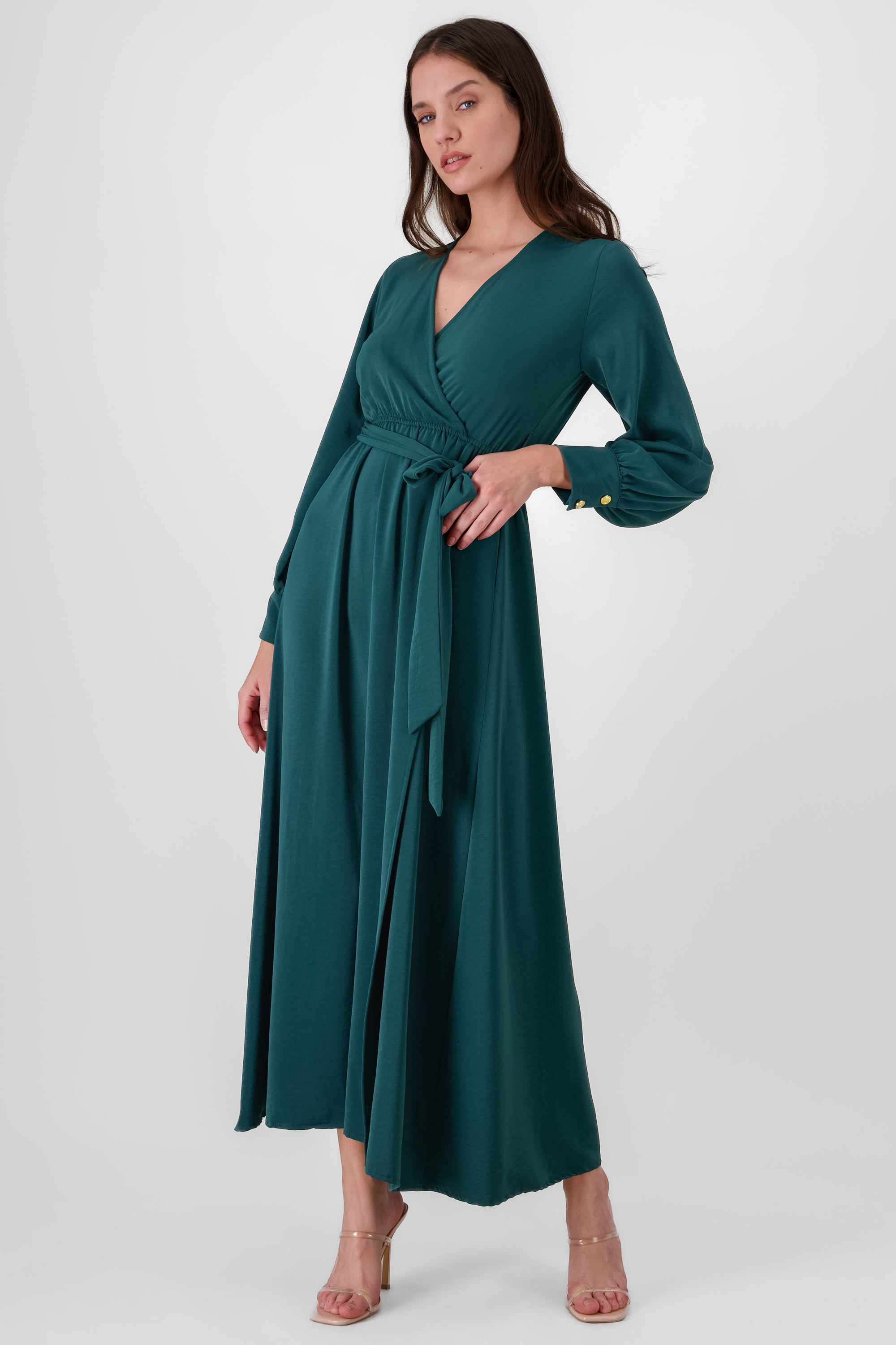 Vestido maxi manga larga con cinta escote V Hypste VERDE CAZADOR