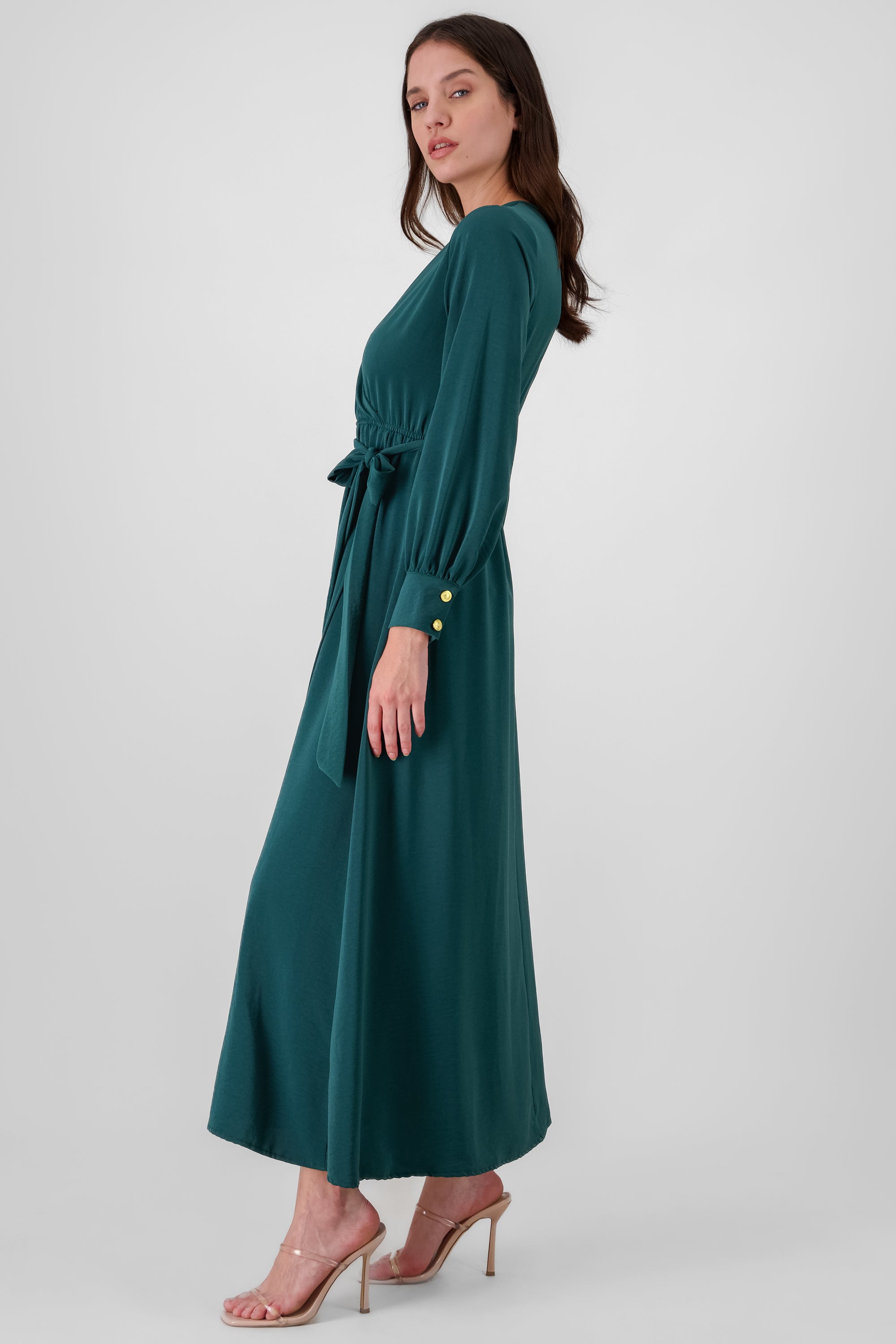 Vestido maxi manga larga con cinta escote V Hypste VERDE CAZADOR