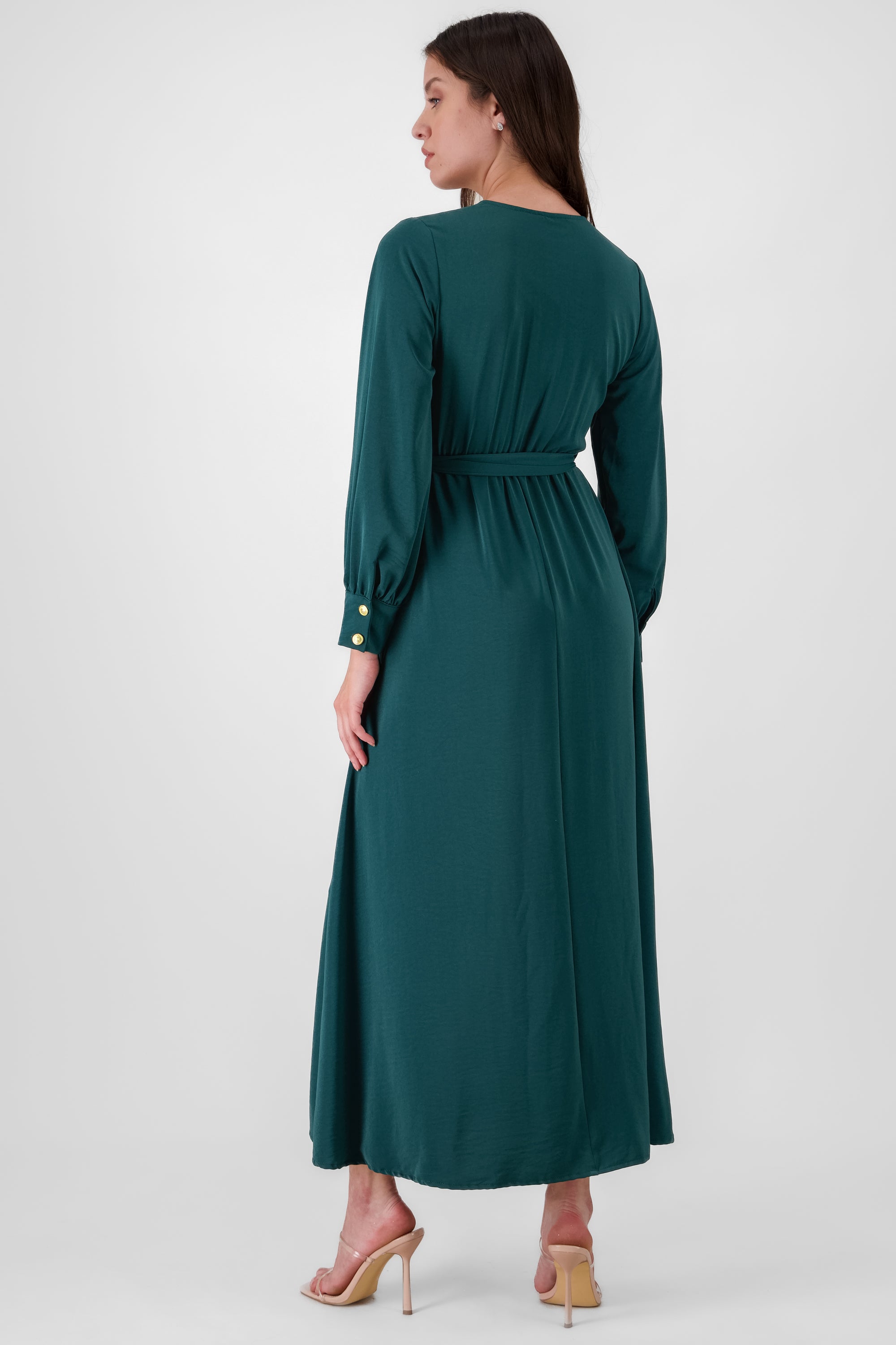 Vestido maxi manga larga con cinta escote V Hypste VERDE CAZADOR