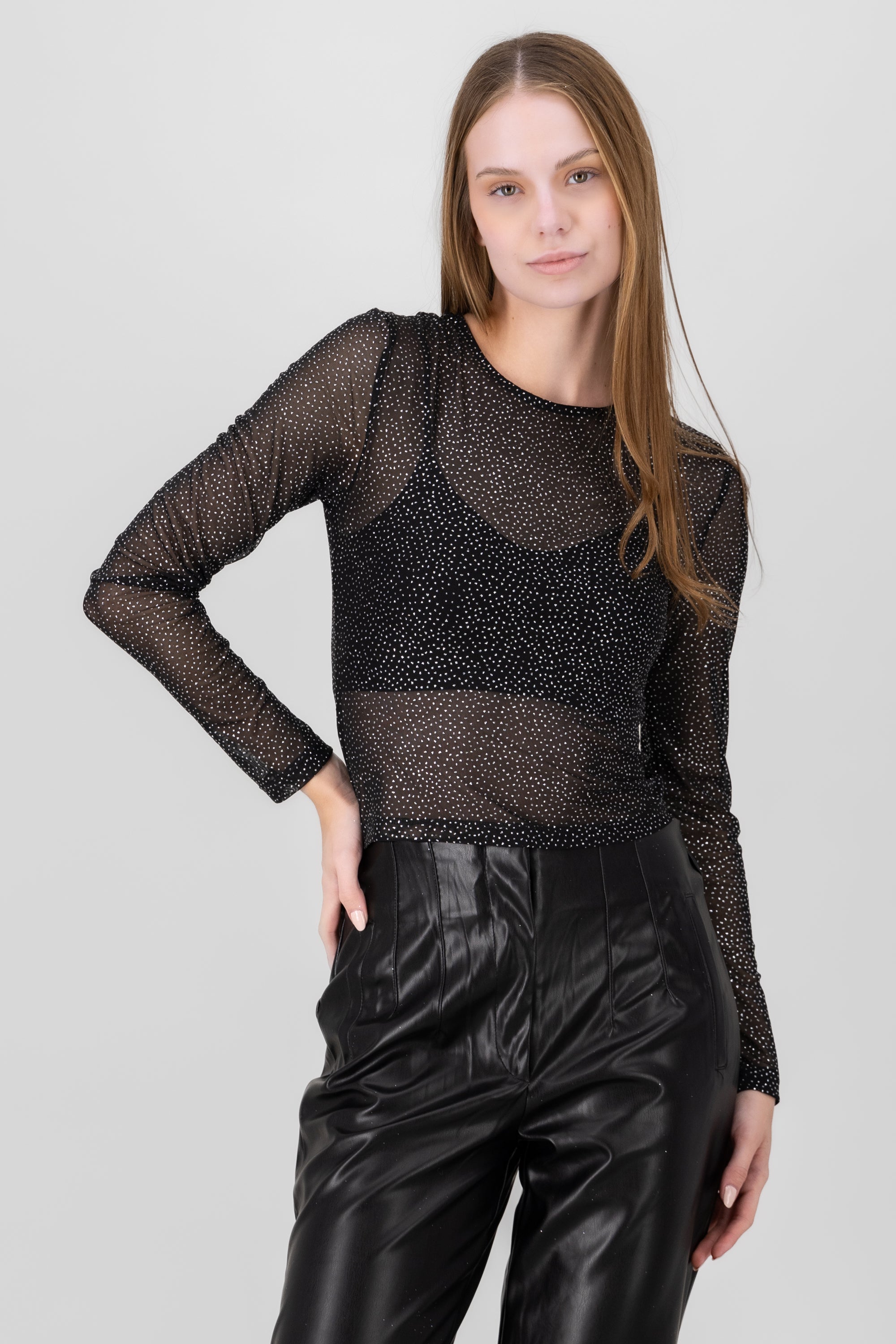 Top mesh manga larga brillos NEGRO