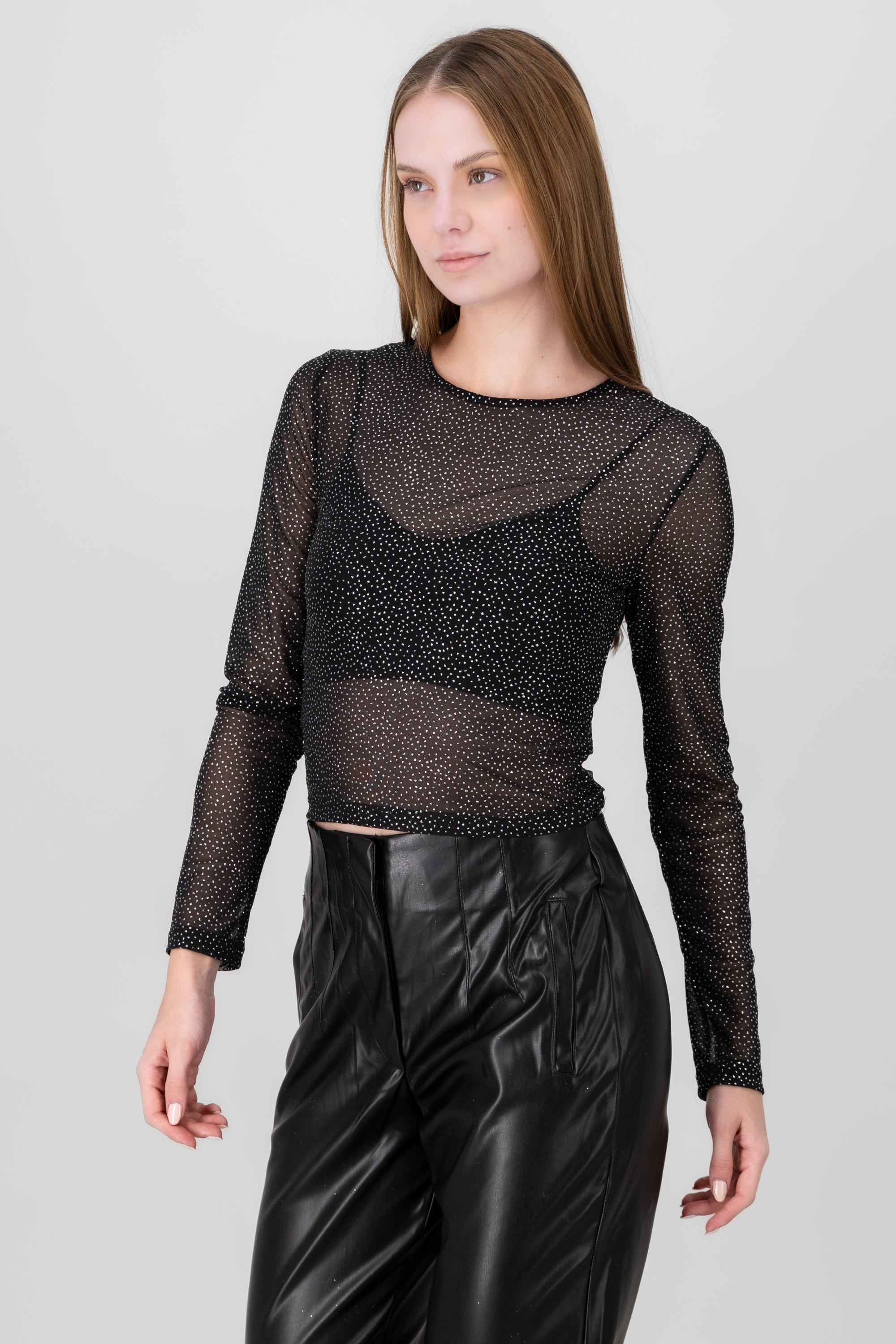 Top mesh manga larga brillos NEGRO