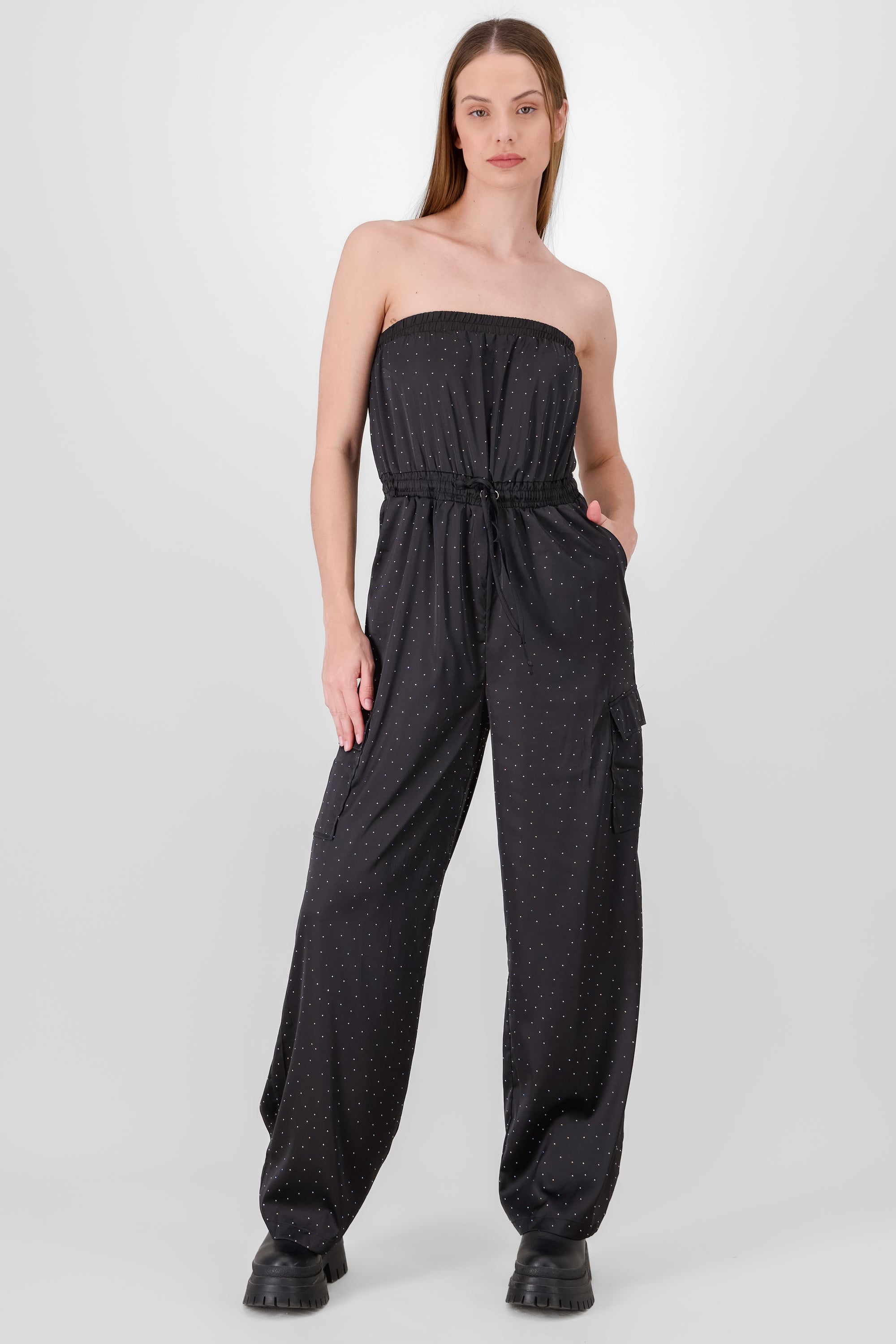 Jumpsuit bandeau aplicaciones brillos NEGRO