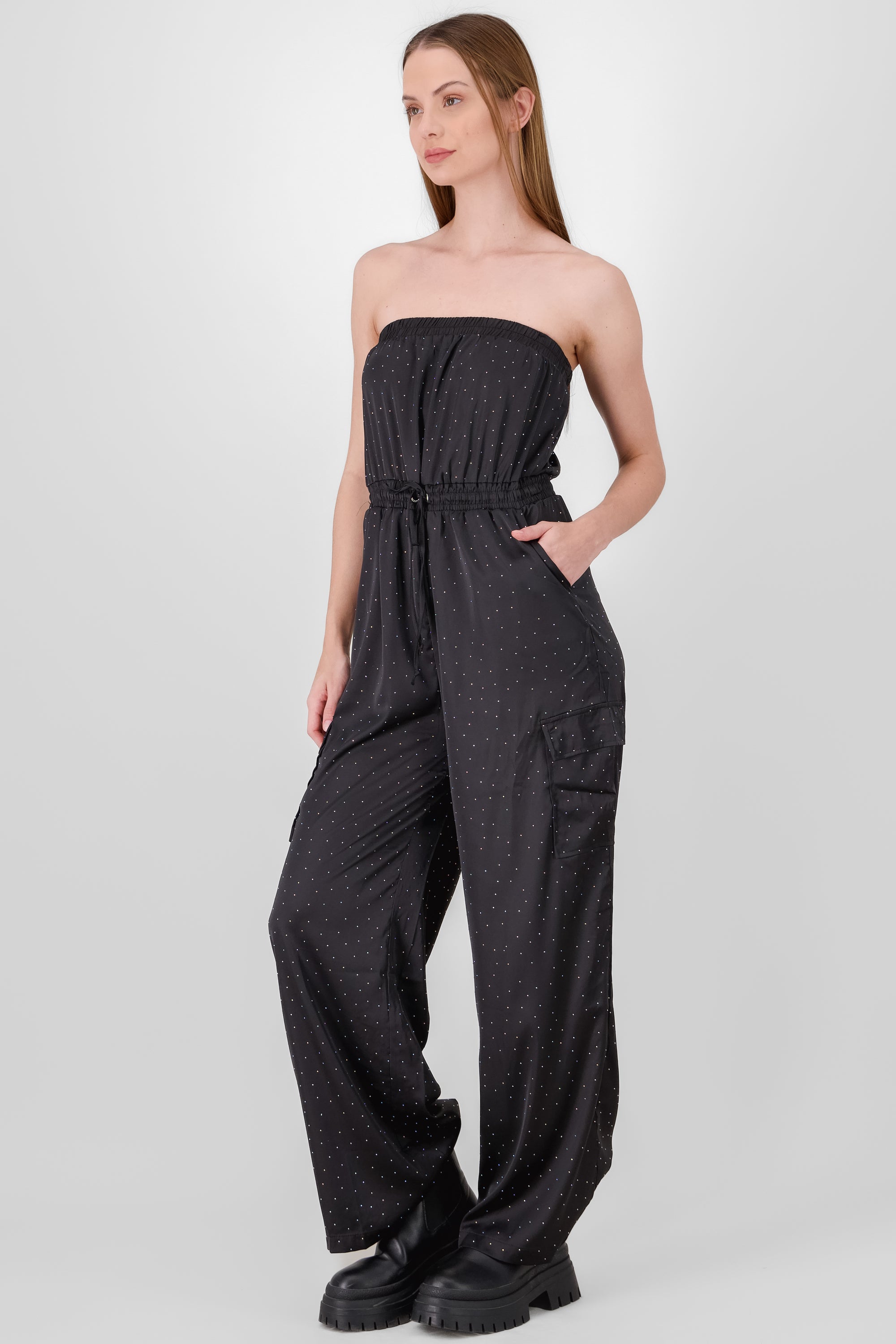 Jumpsuit bandeau aplicaciones brillos NEGRO