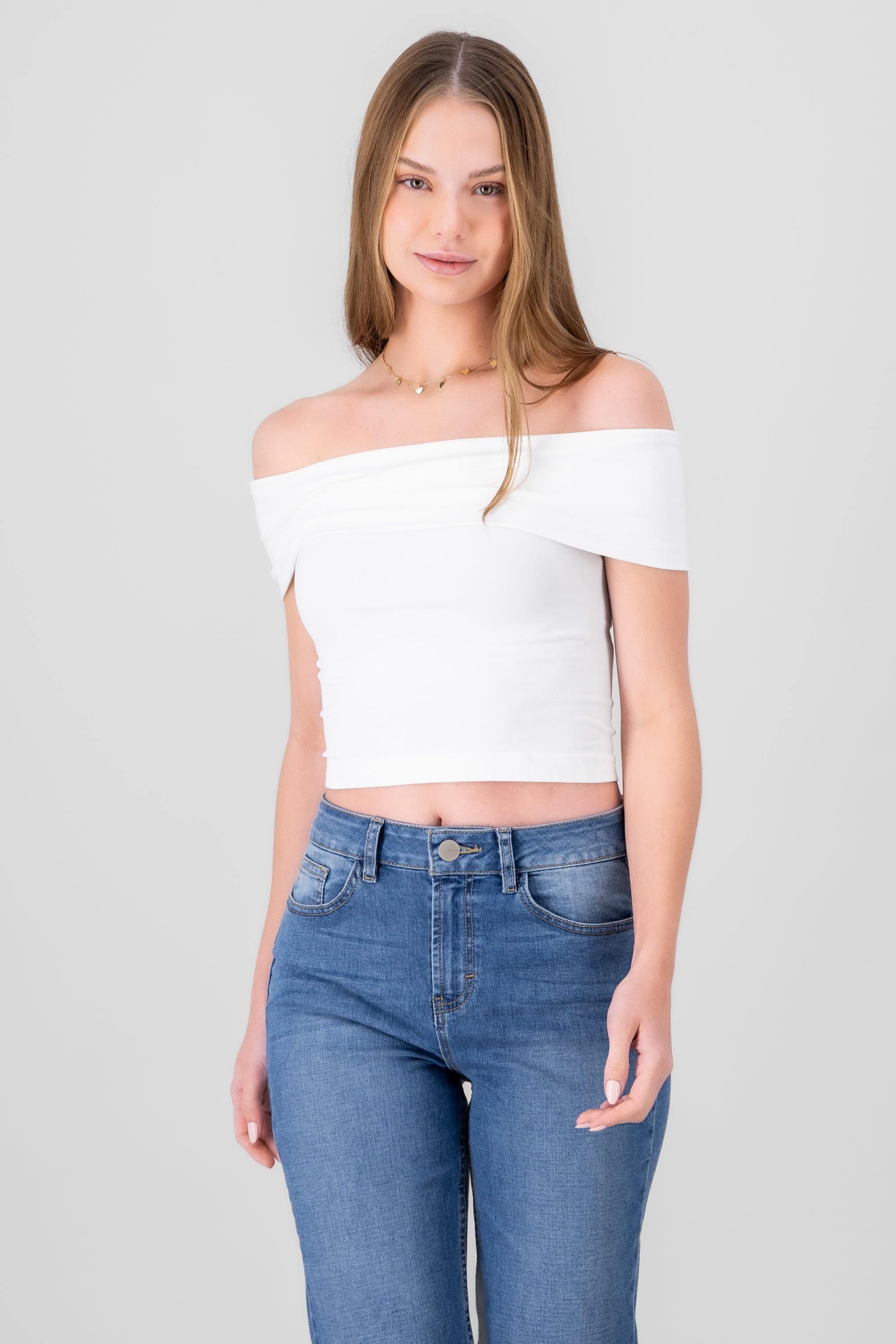 Top off shoulder sin mangas liso BLANCO