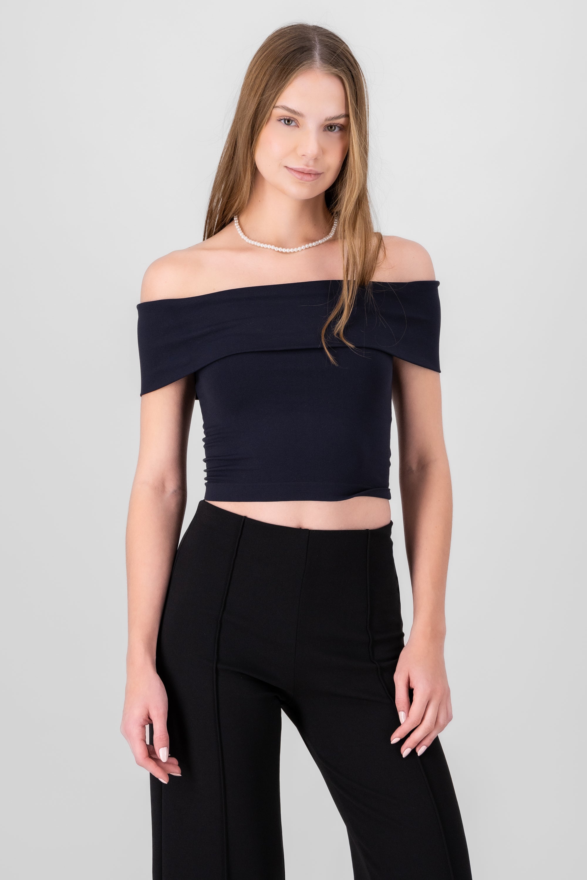 Top off shoulder sin mangas liso NEGRO