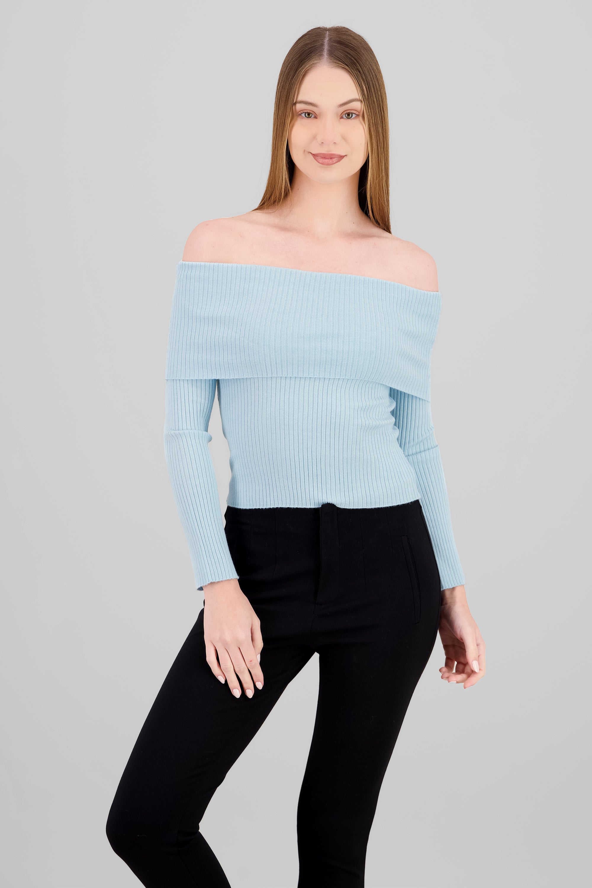 Sueter off shoulder tejido de punto AZUL PASTEL