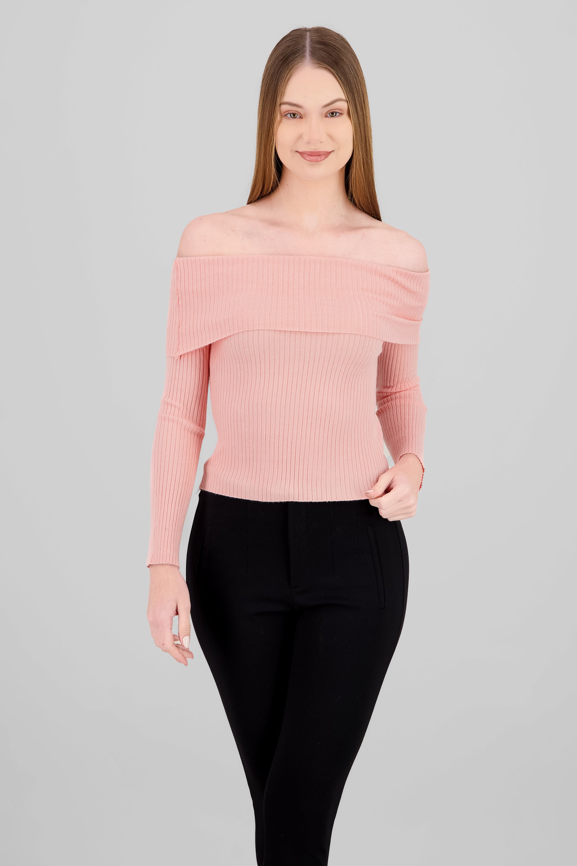 Sueter off shoulder tejido de punto ROSA PASTEL