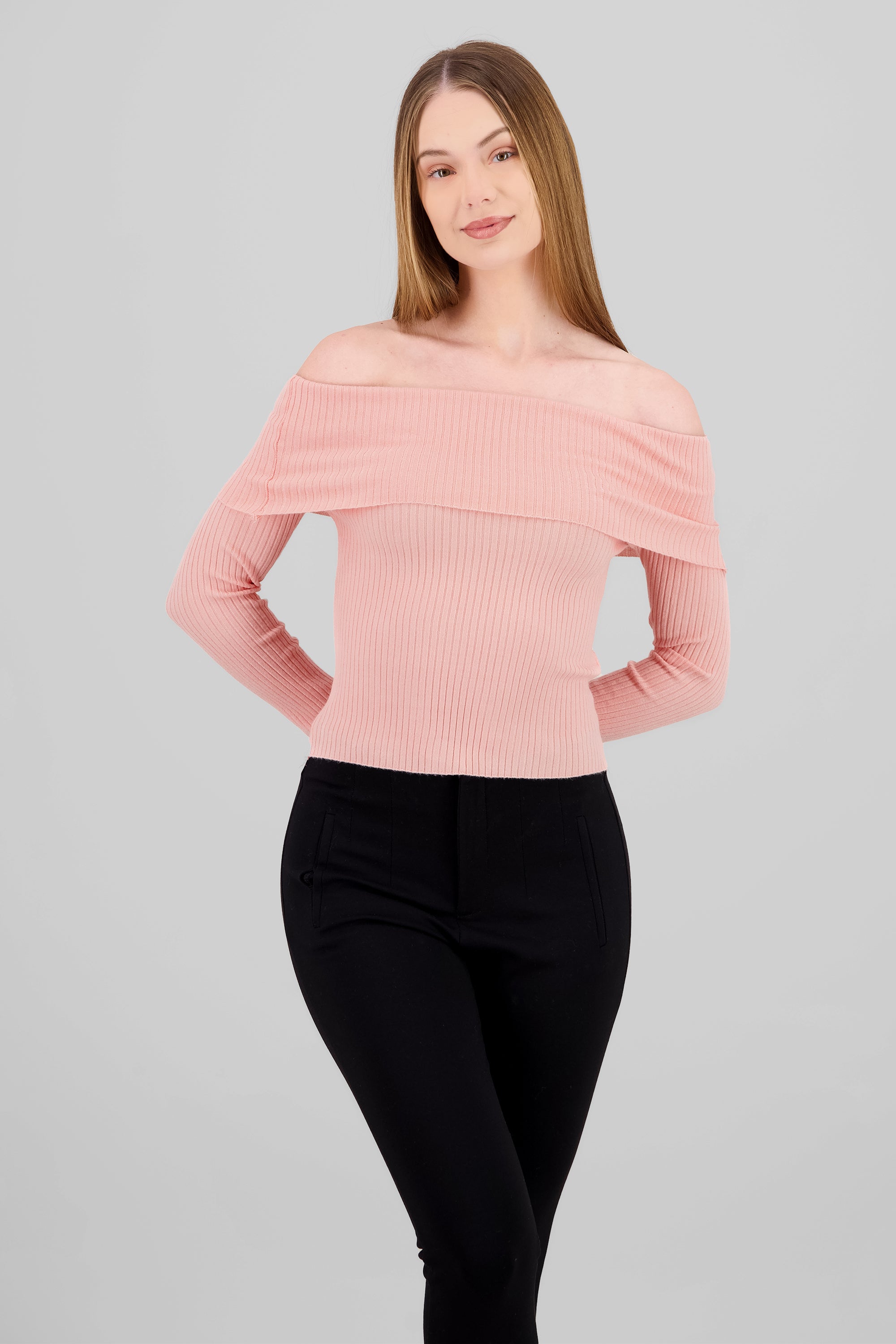 Sueter off shoulder tejido de punto ROSA PASTEL