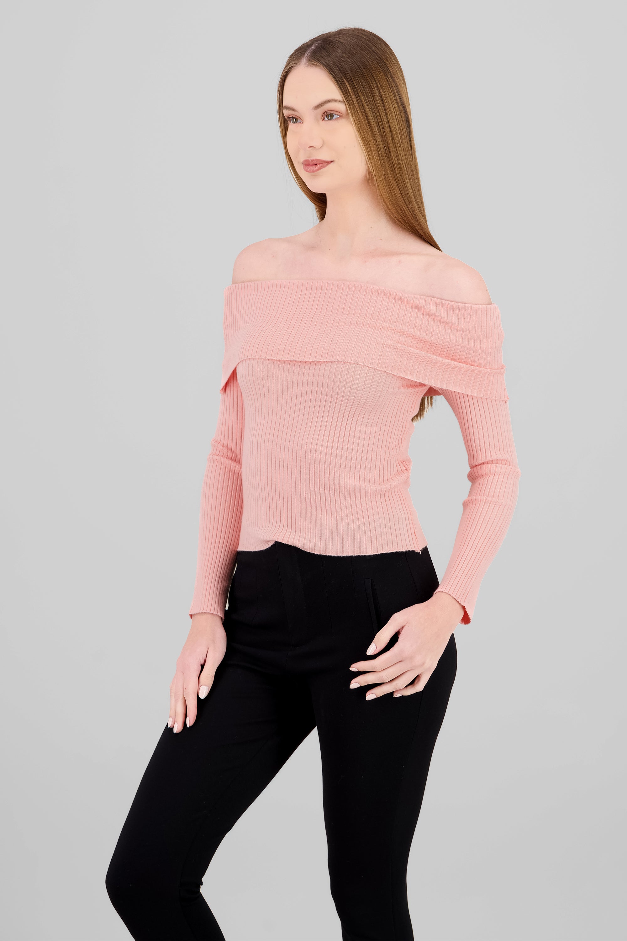 Sueter off shoulder tejido de punto ROSA PASTEL