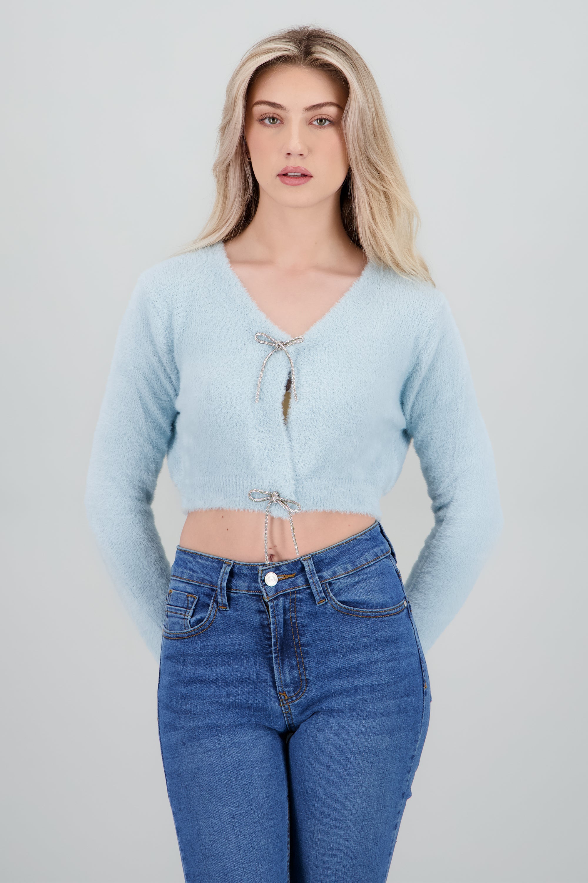 Cardigan botones moños brillos AZUL PASTEL