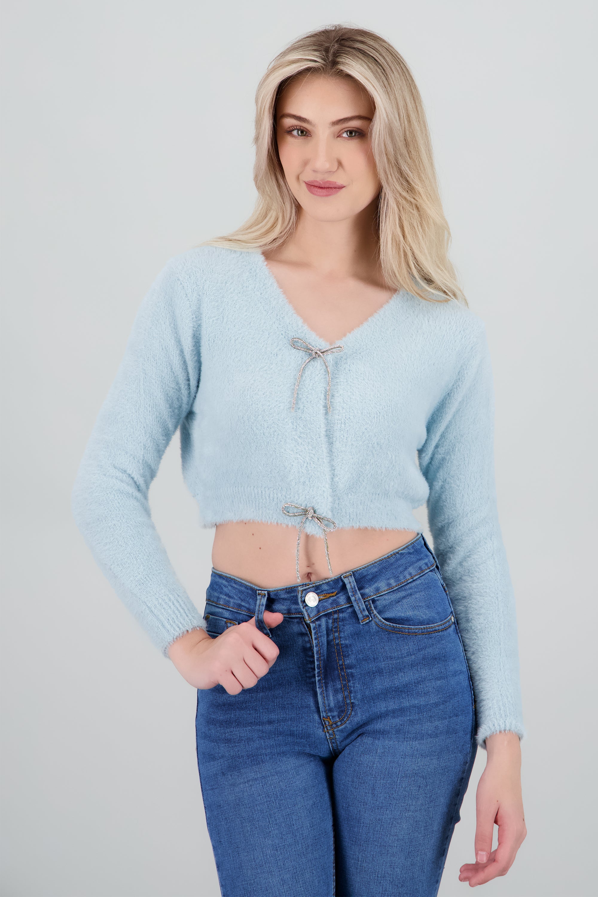 Cardigan botones moños brillos AZUL PASTEL