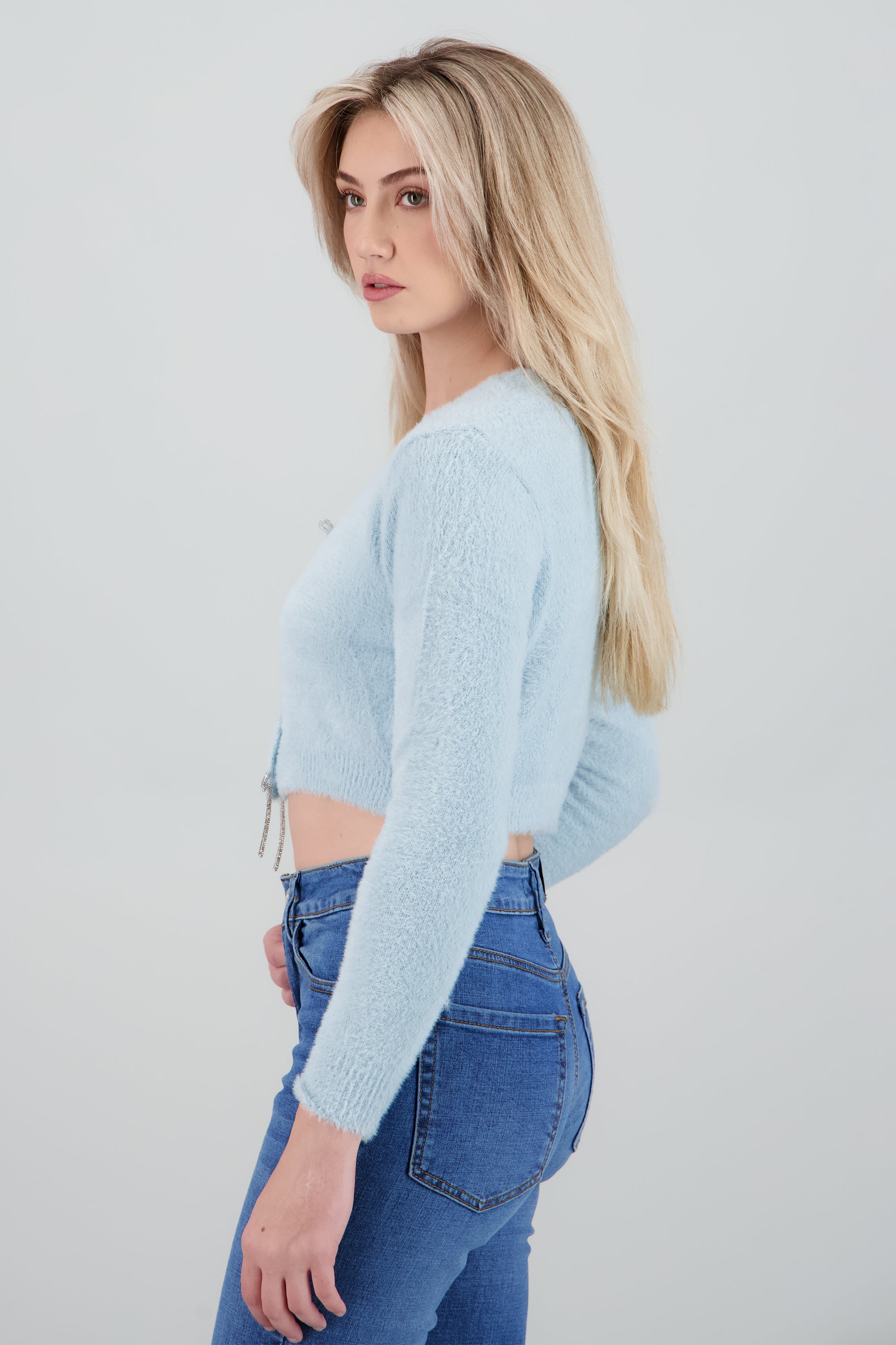 Cardigan botones moños brillos AZUL PASTEL