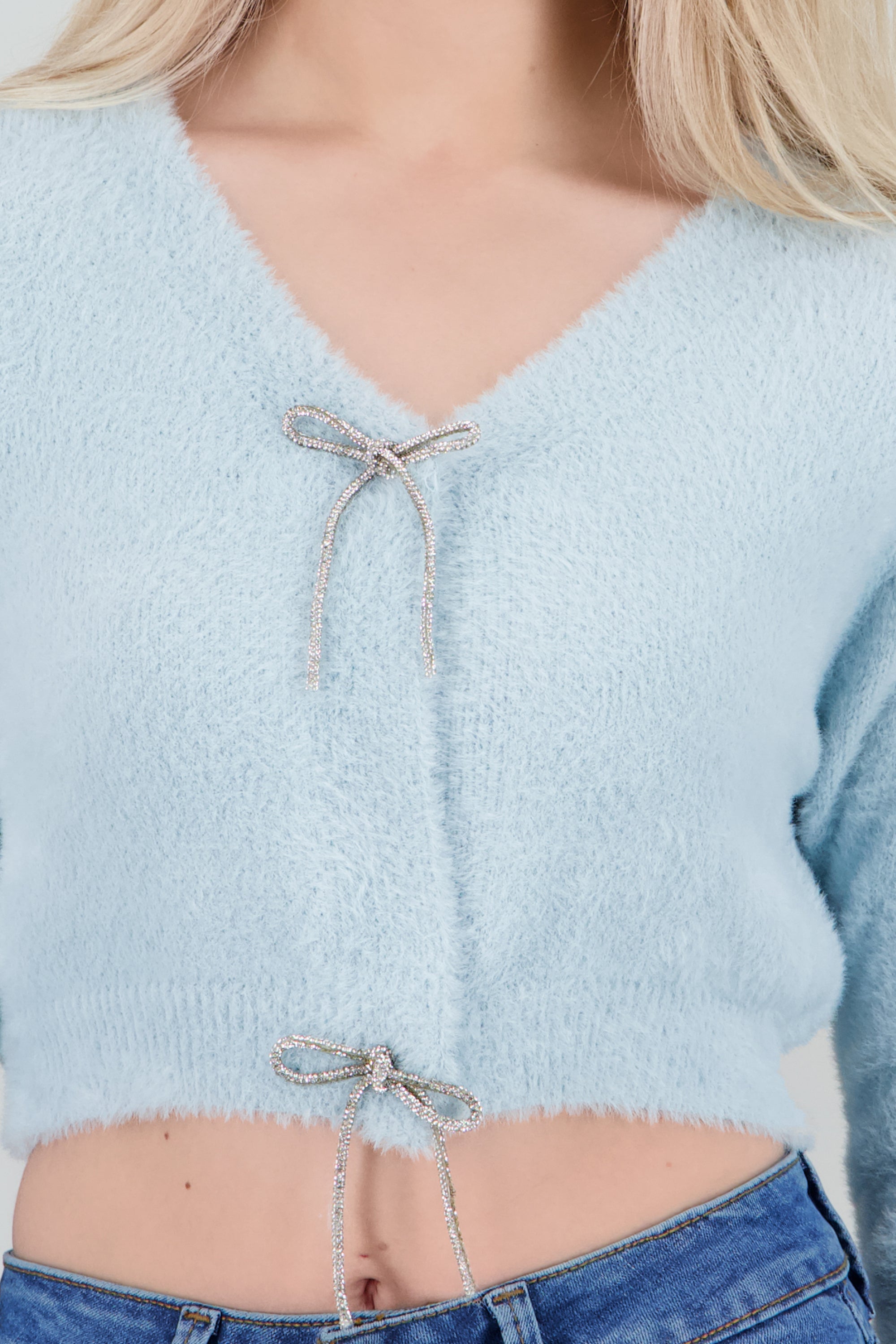 Cardigan botones moños brillos AZUL PASTEL