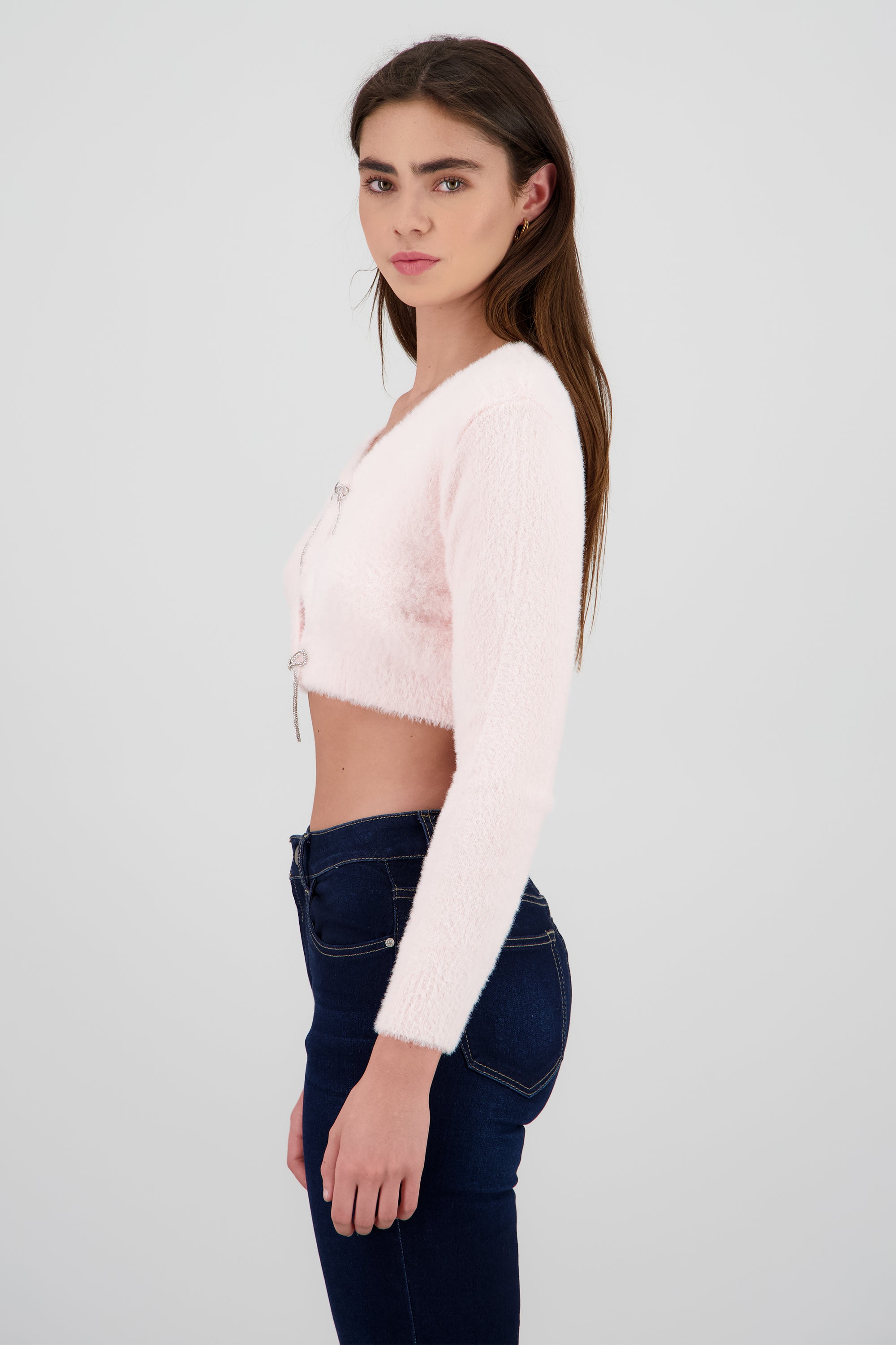 Cardigan botones moños brillos ROSA PASTEL