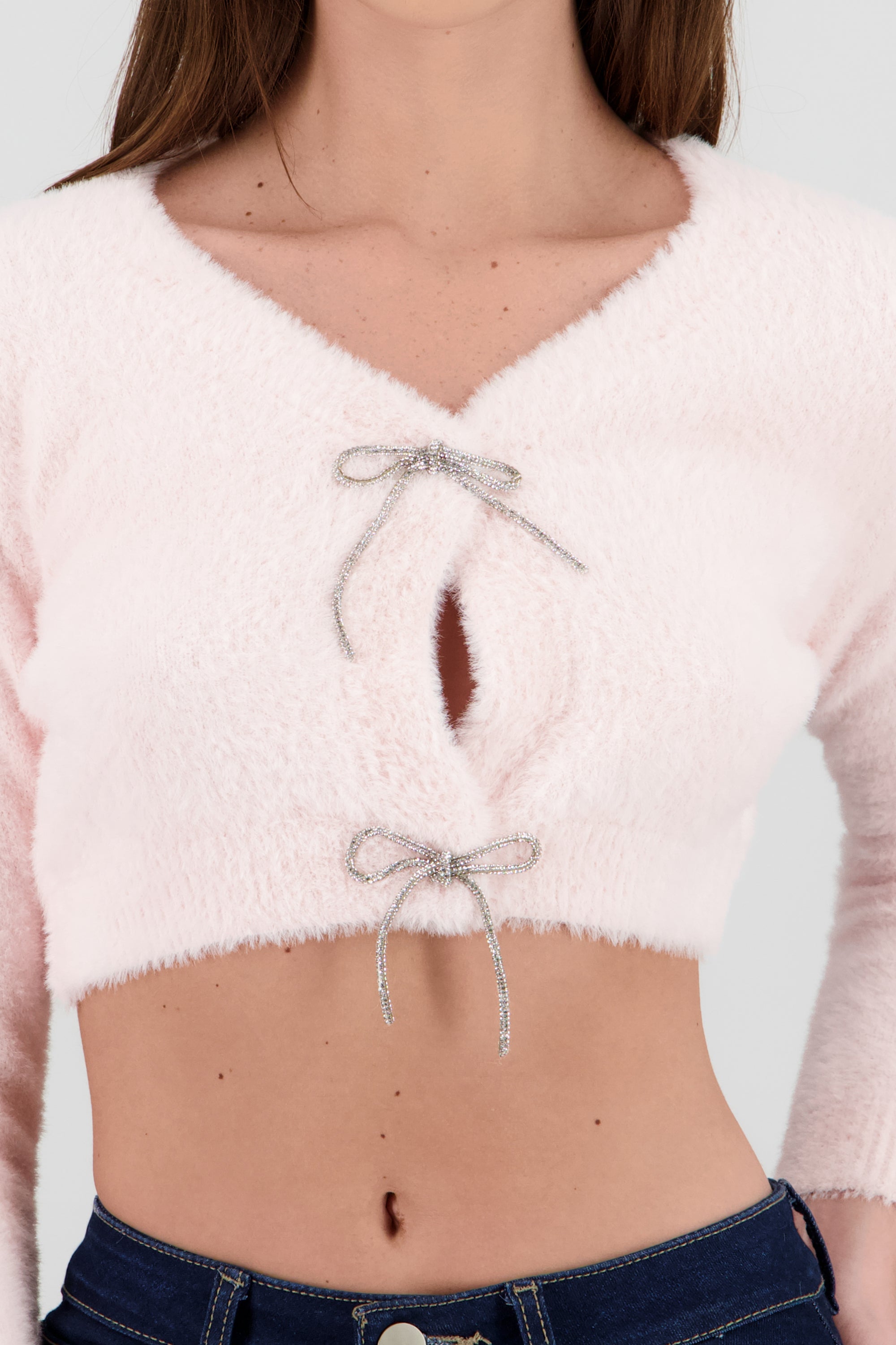 Cardigan botones moños brillos ROSA PASTEL