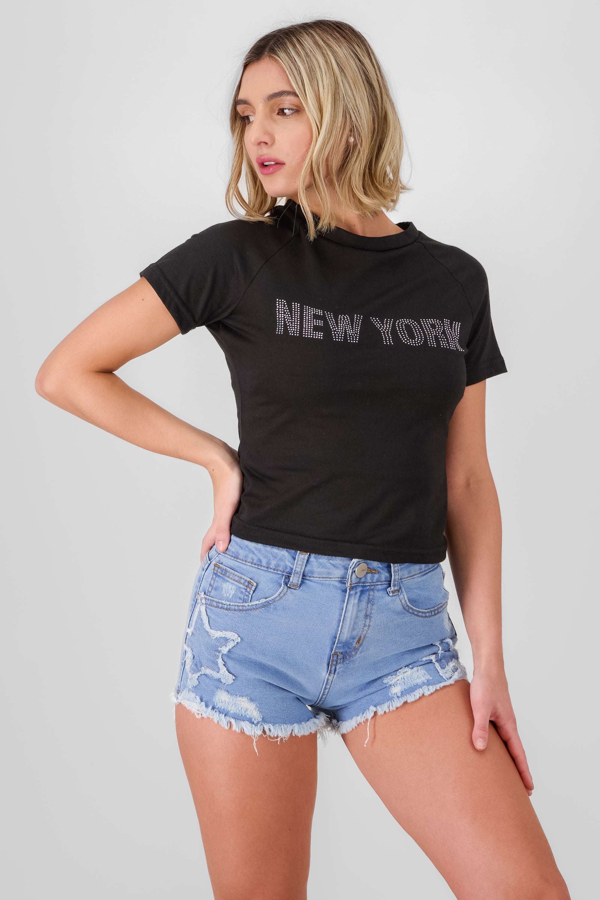 Playera manga corta detalle new york flock NEGRO