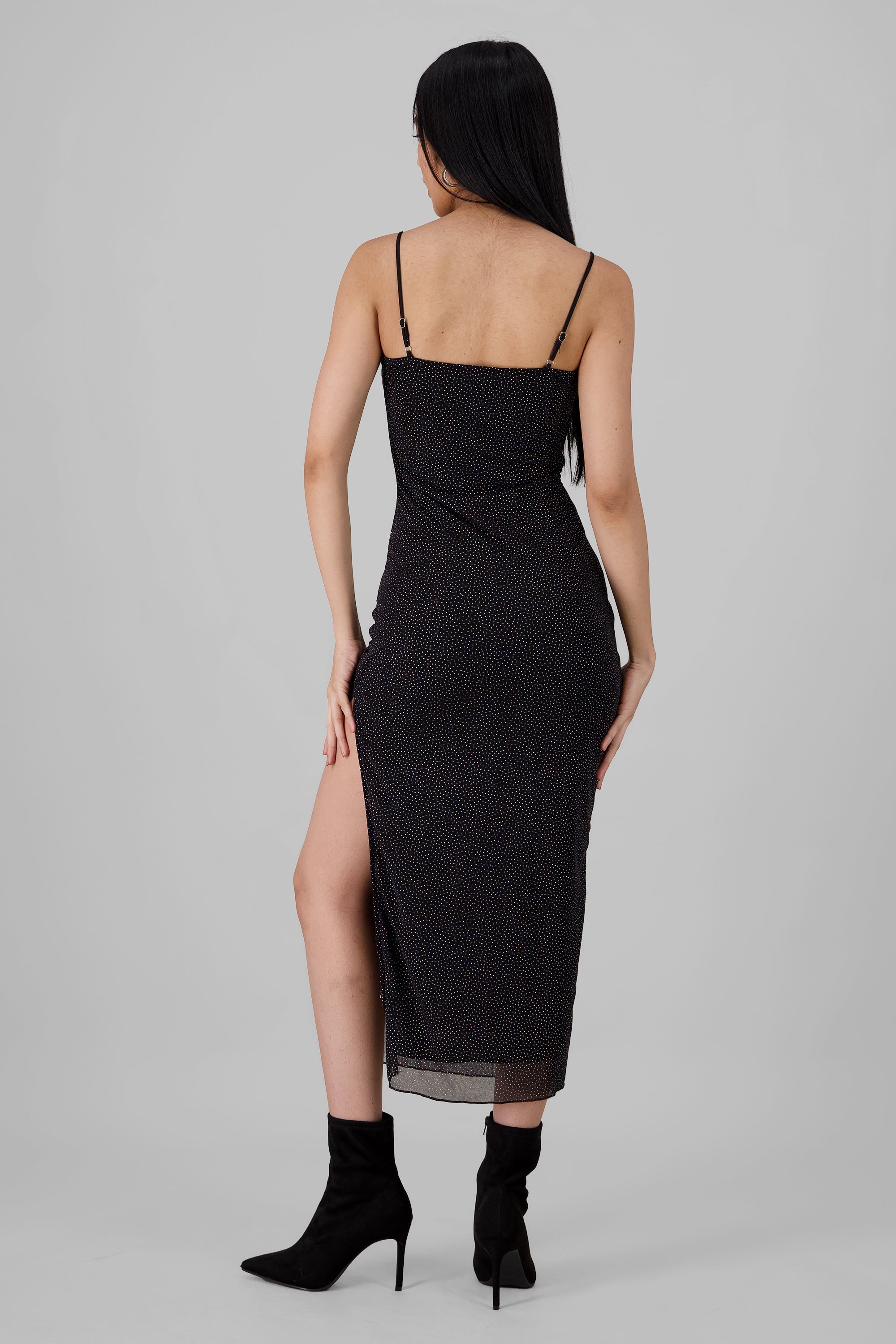 Vestido maxi brillos escote plisado NEGRO