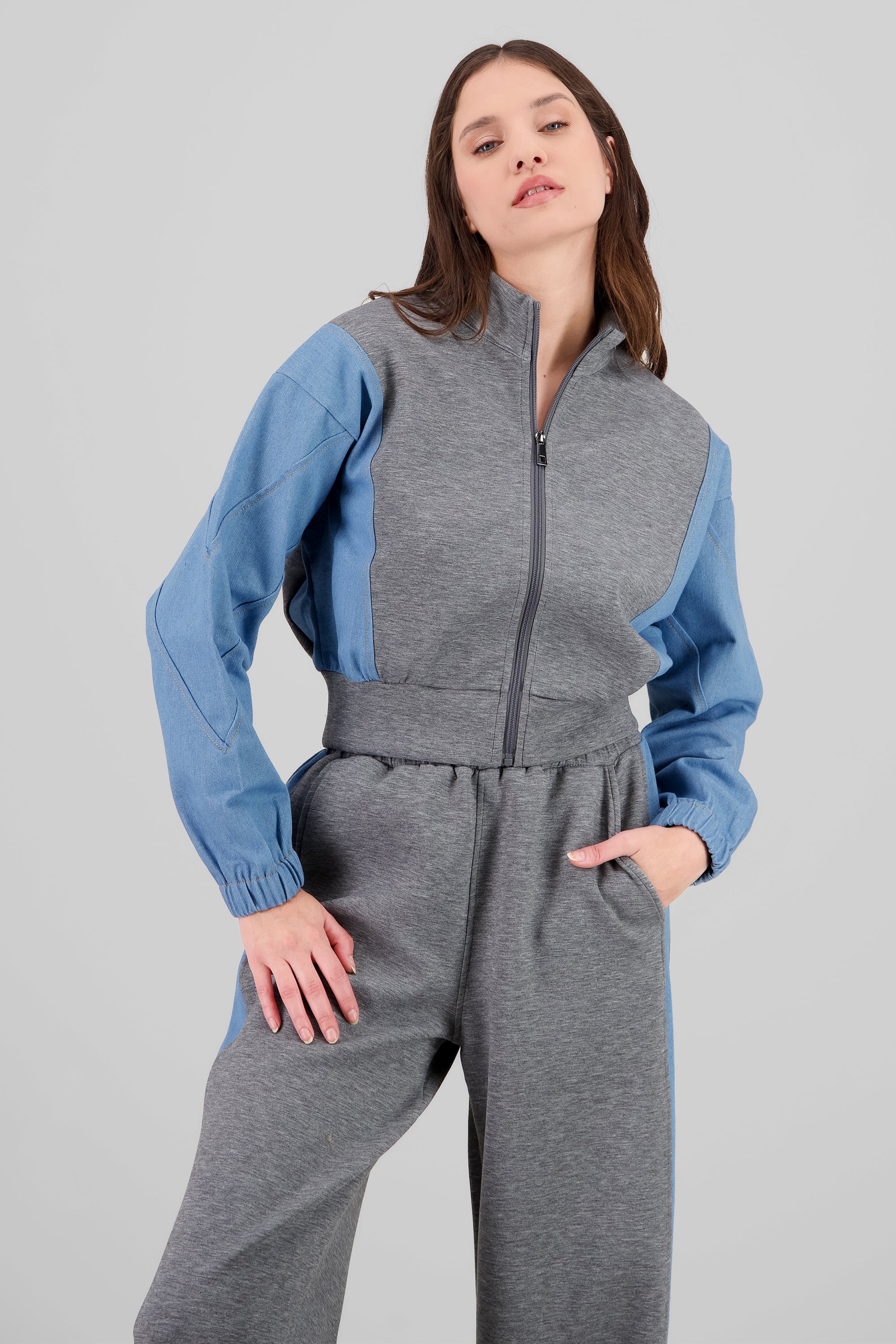 Chamarra patchwork denim GRIS COMBO