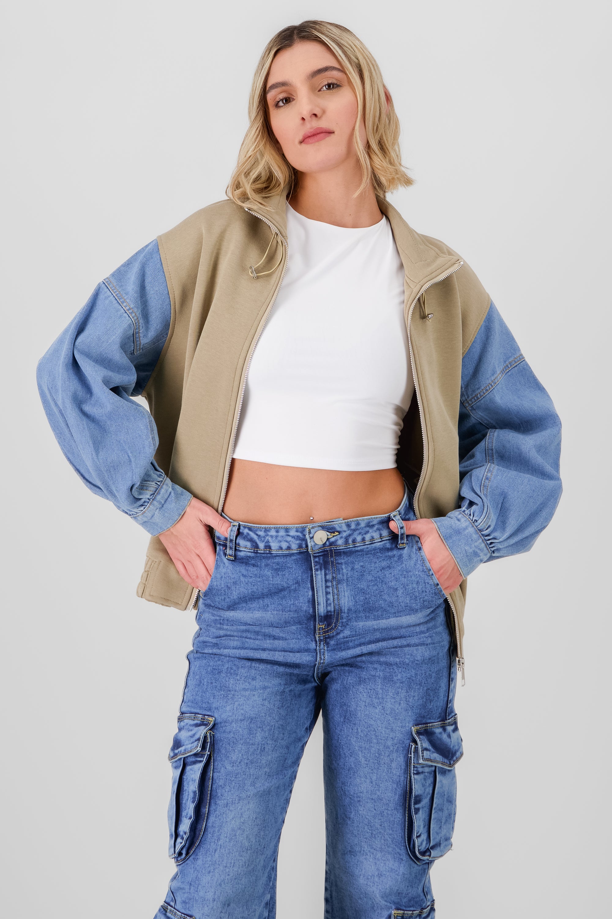 Chamarra bomber patchwork BEIGE