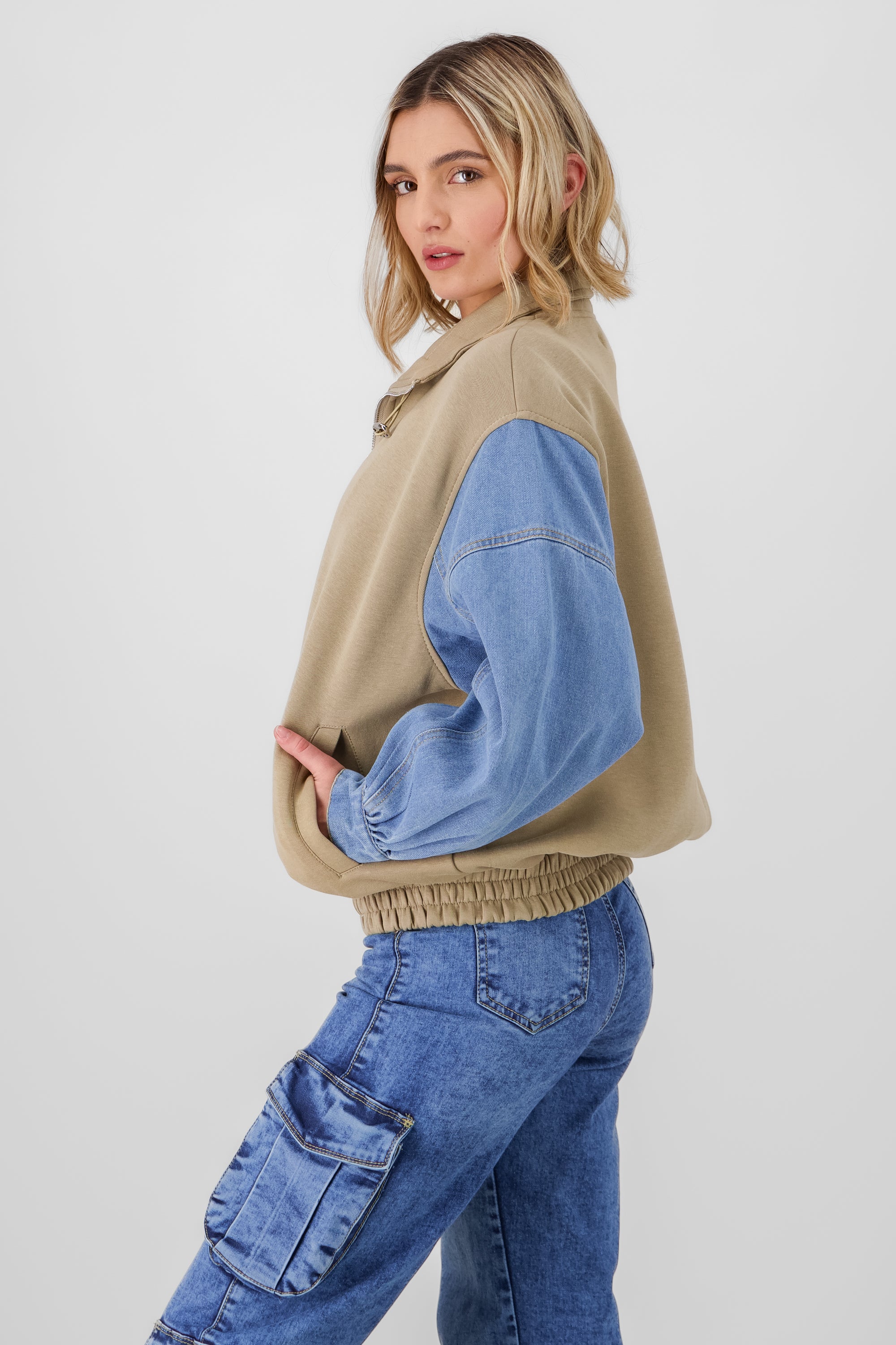 Chamarra bomber patchwork BEIGE