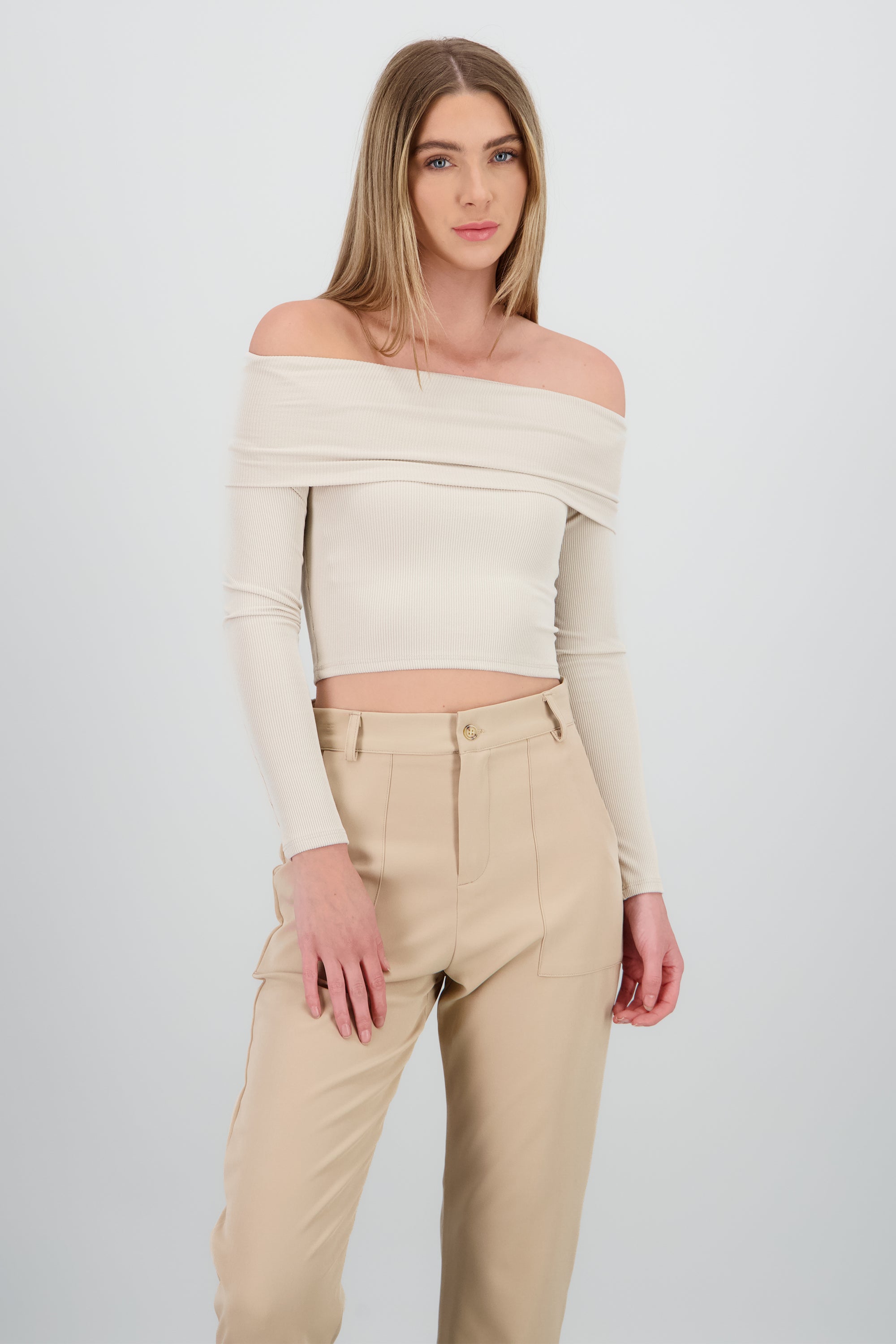 Top off shoulder manga larga rib BEIGE