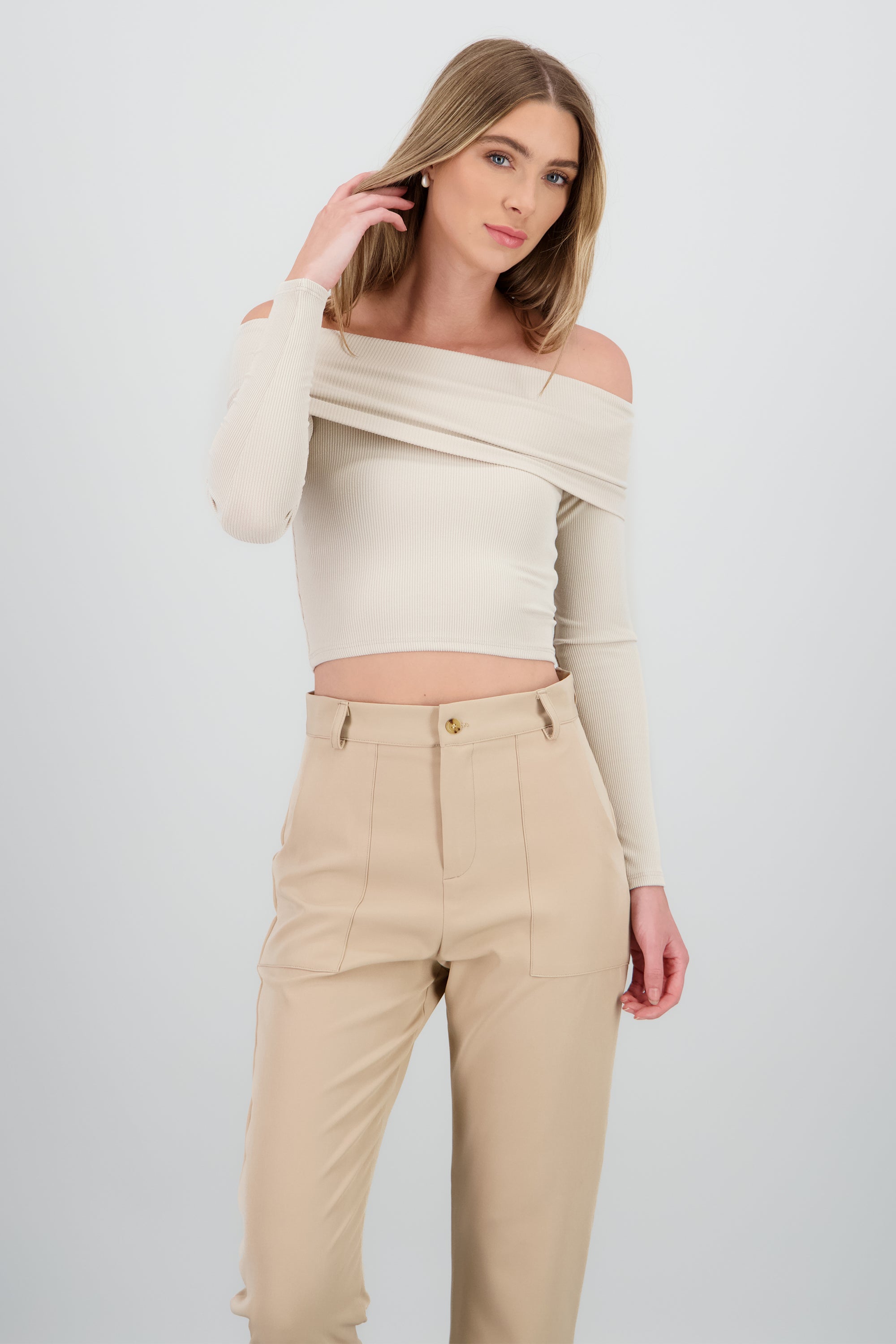 Top off shoulder manga larga rib BEIGE