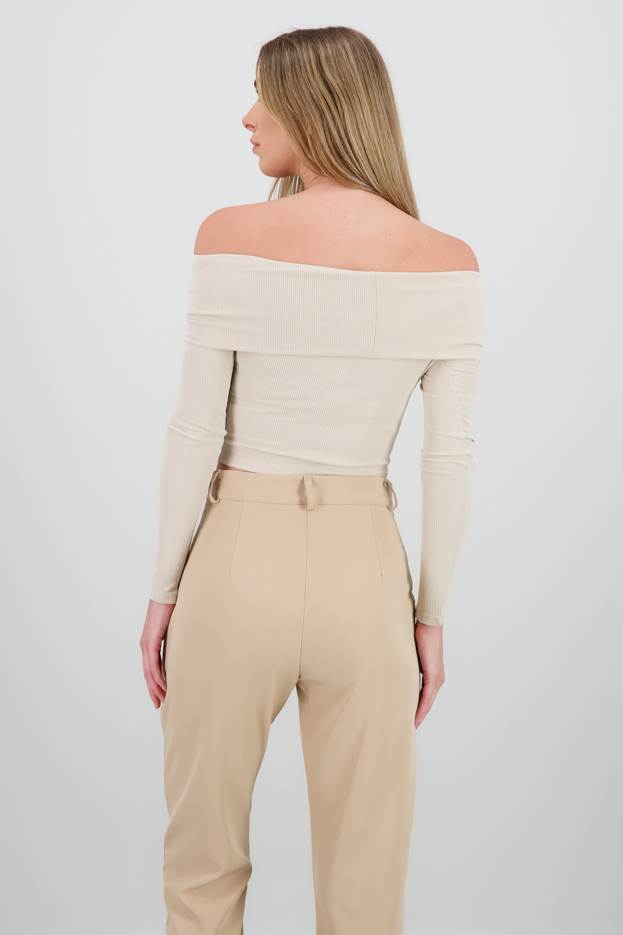 Top off shoulder manga larga rib BEIGE