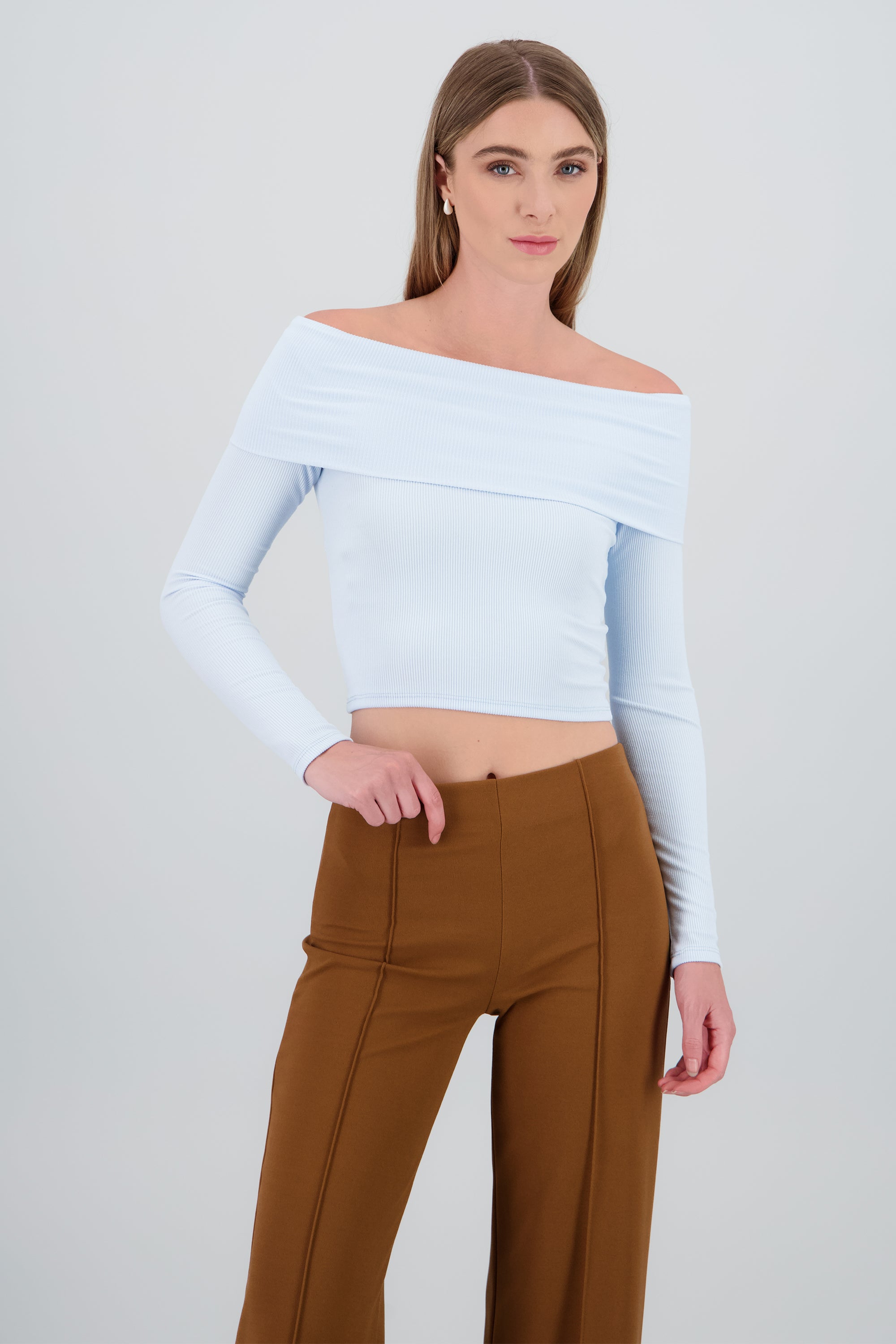 Top off shoulder manga larga rib AZUL PASTEL