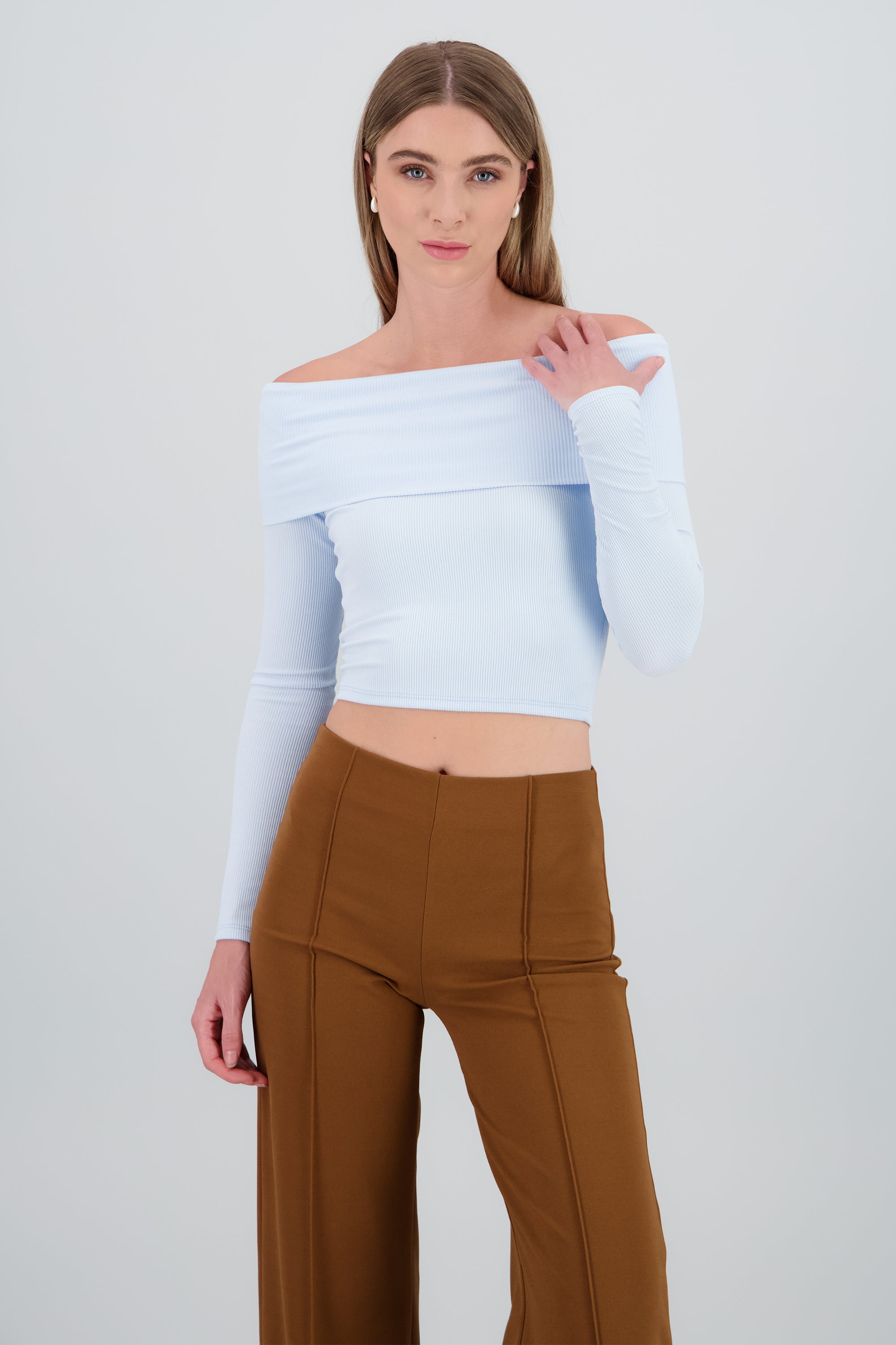 Top off shoulder manga larga rib AZUL PASTEL