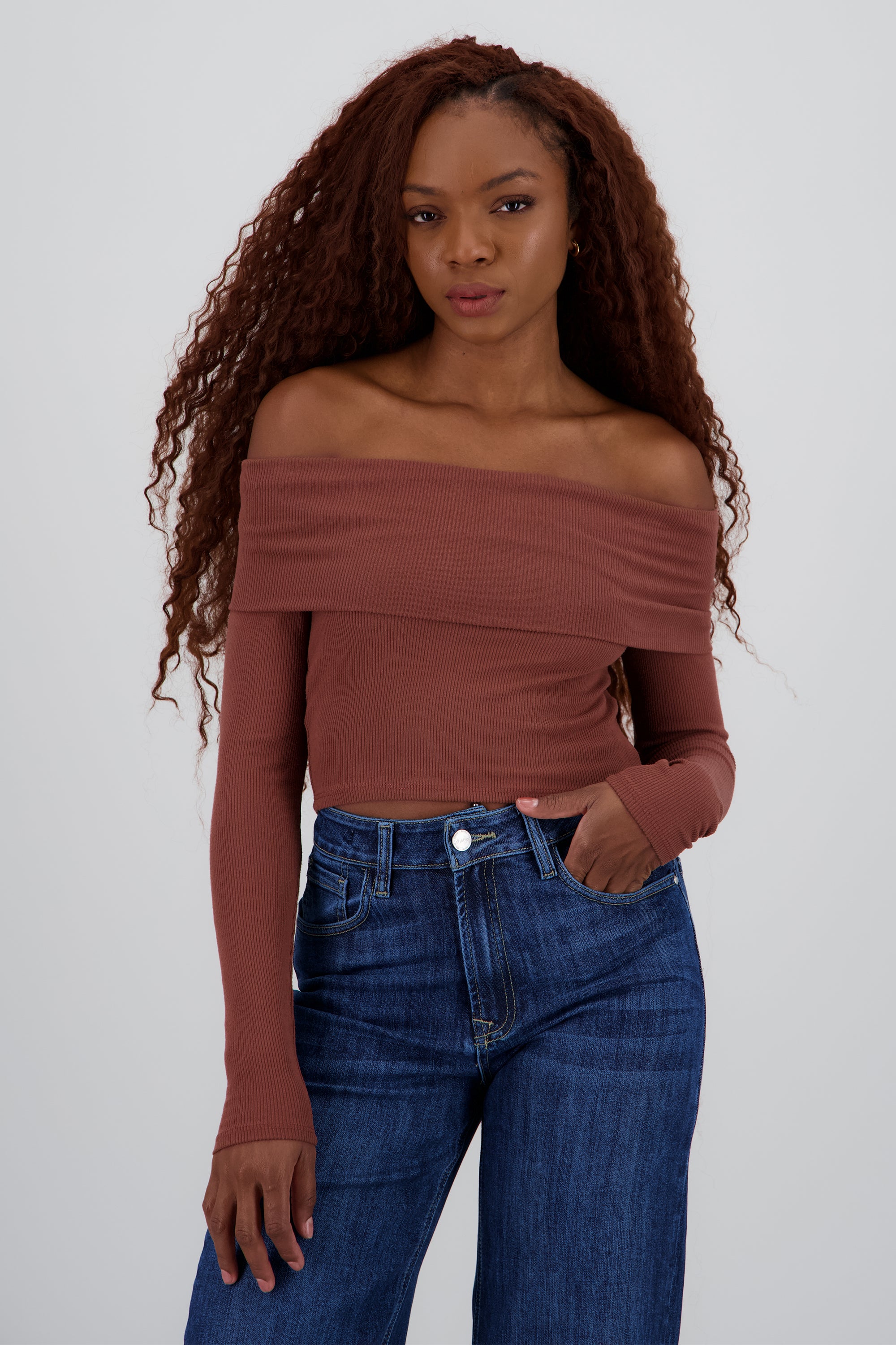Top off shoulder manga larga rib CHOCOLATE