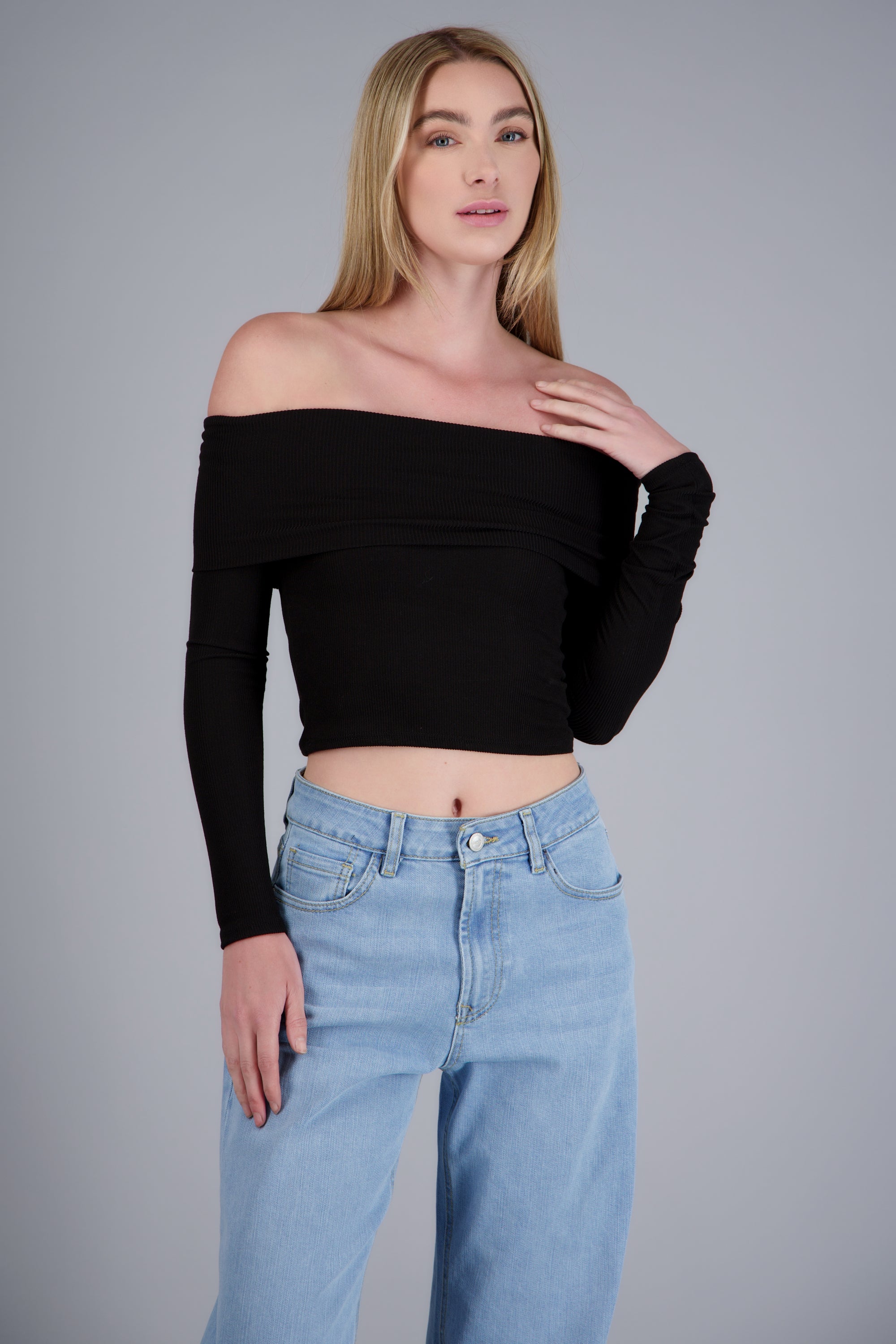 TOP OFF SHOULDER M/L RIB NEGRO