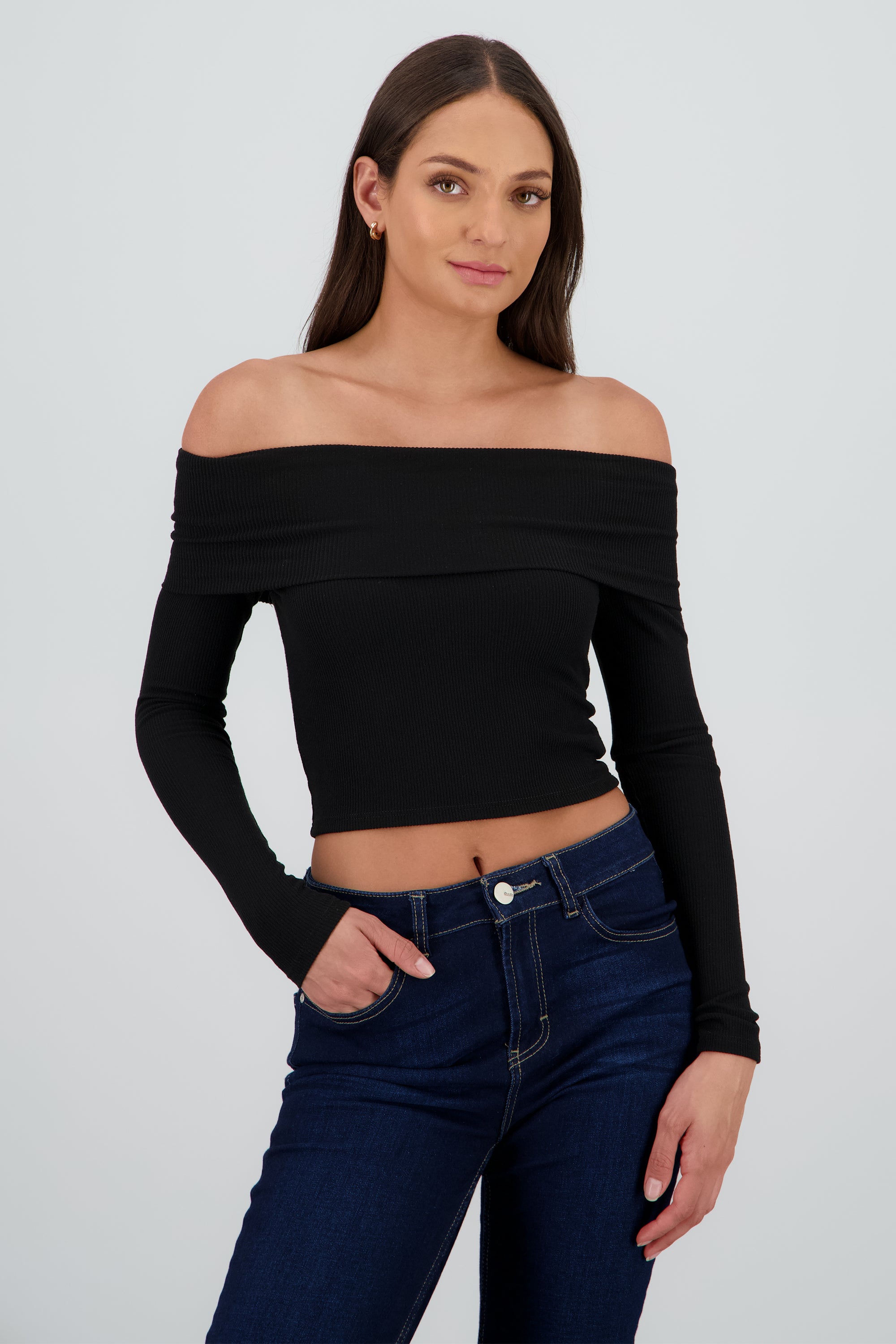 Top off shoulder manga larga rib NEGRO