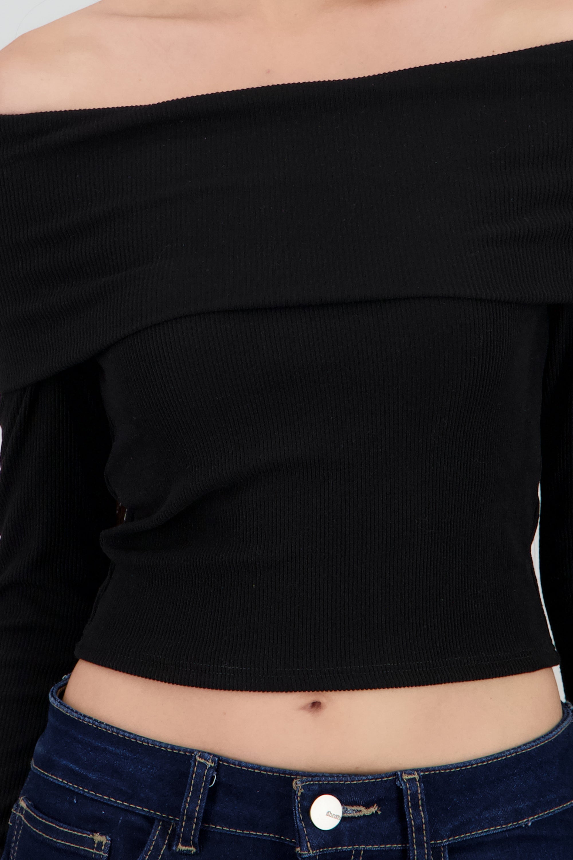 Top off shoulder manga larga rib NEGRO
