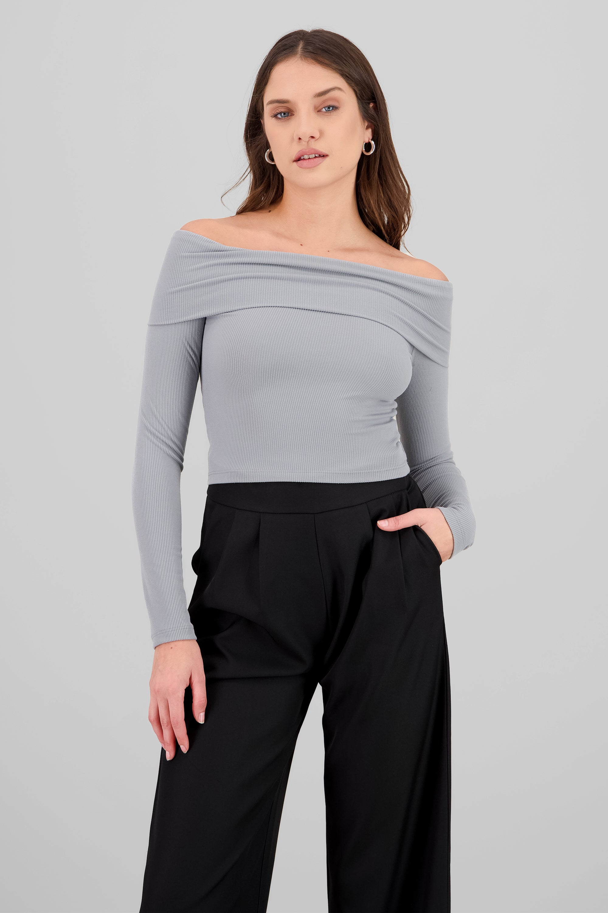 Top off shoulder manga larga rib GRIS CLARO