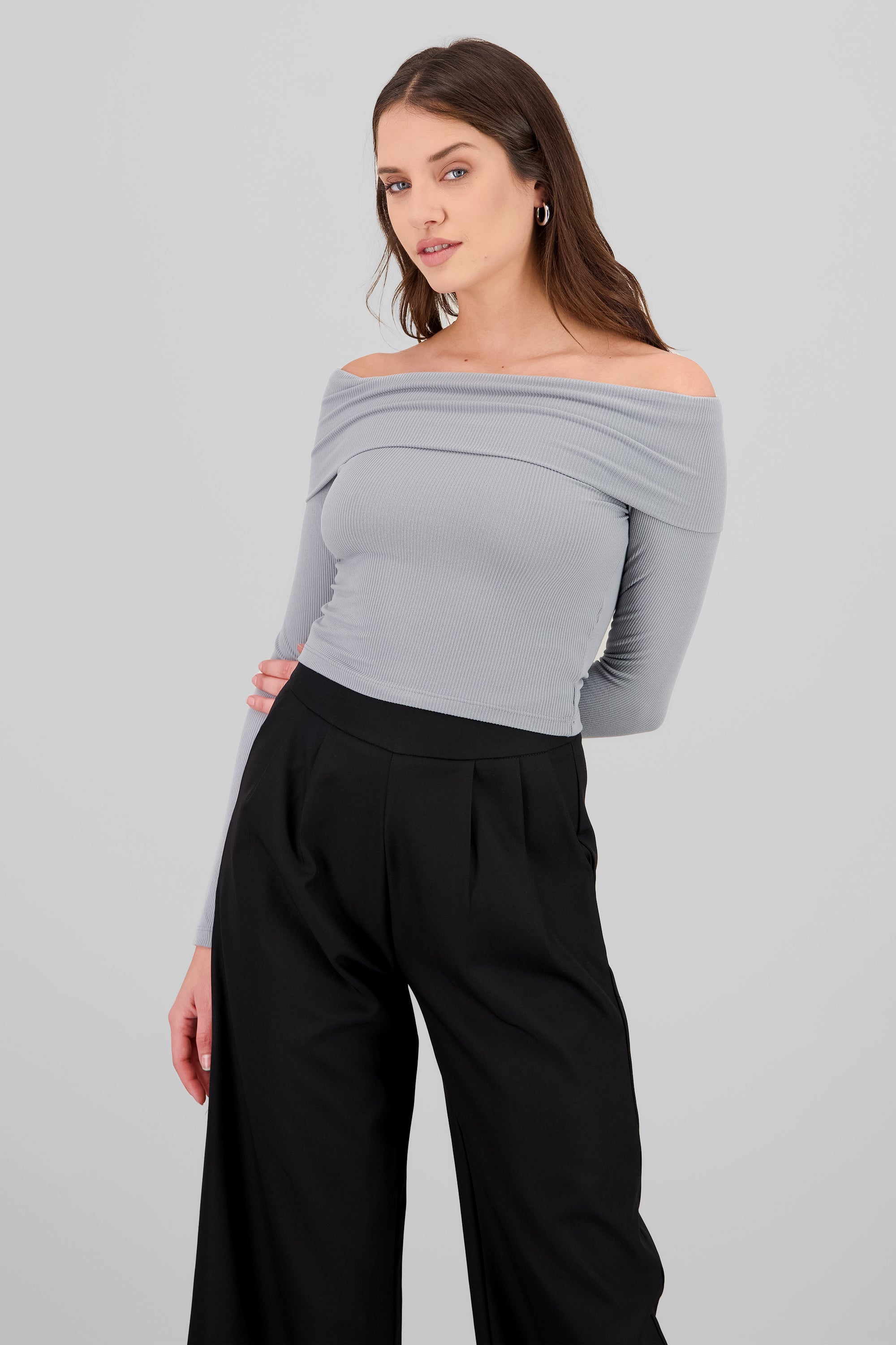 Top off shoulder manga larga rib GRIS CLARO