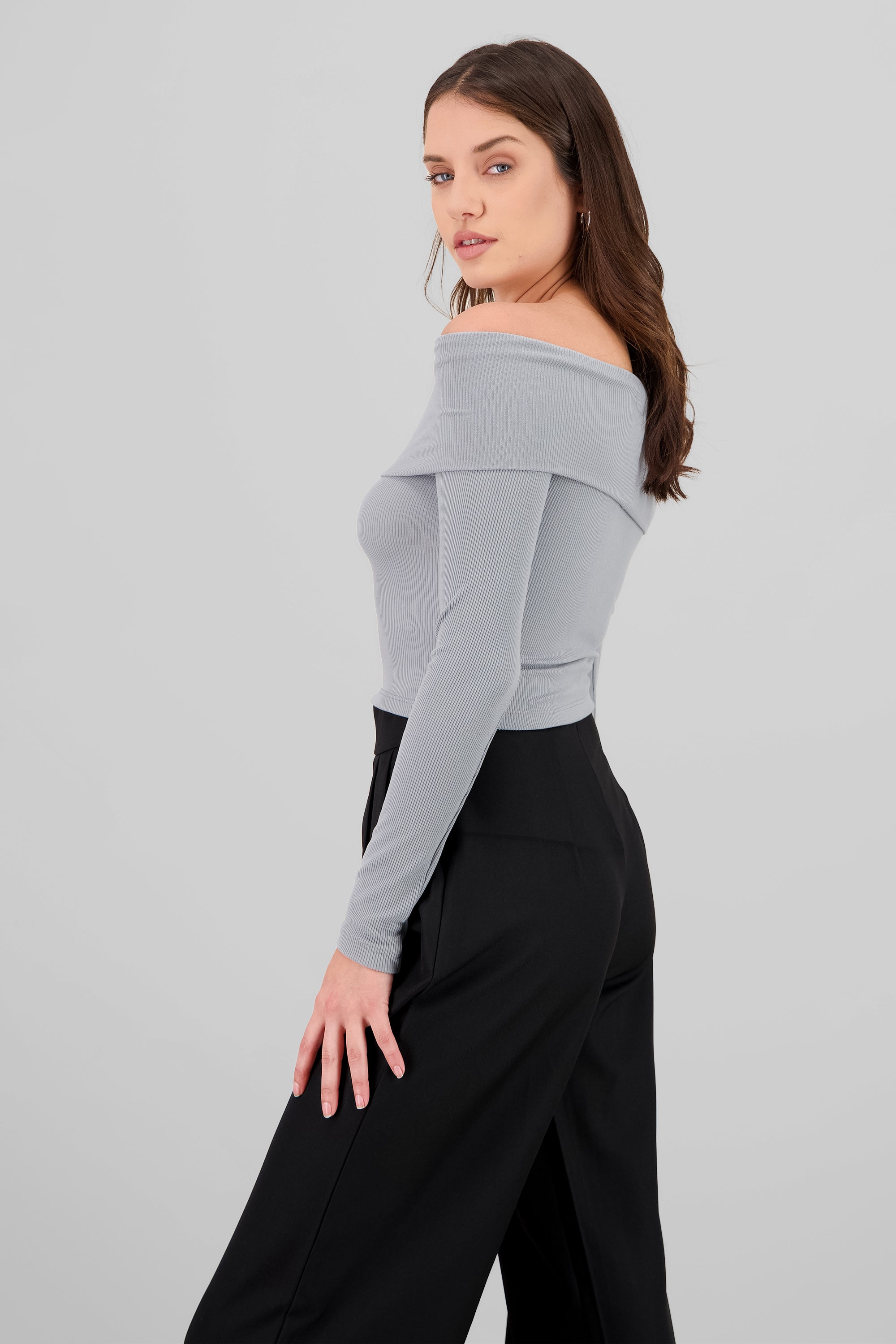 Top off shoulder manga larga rib GRIS CLARO