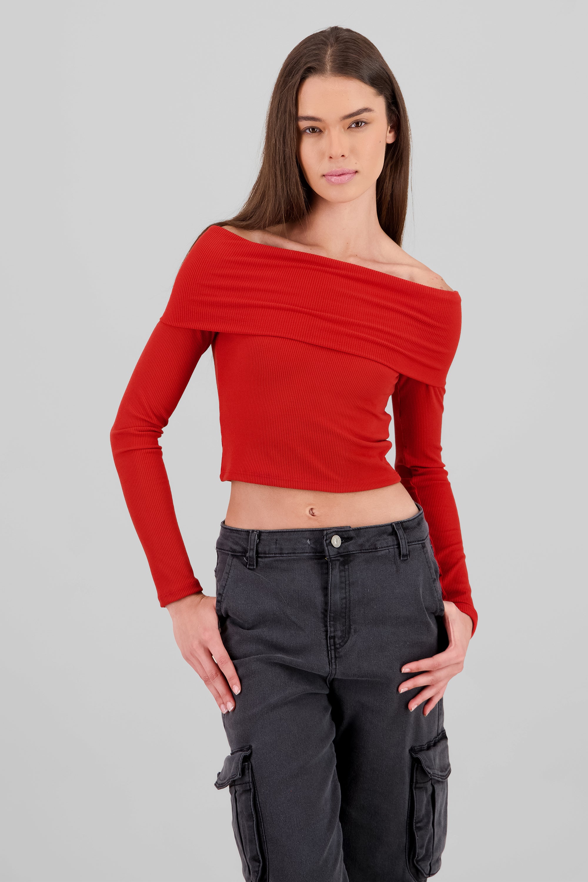 Top off shoulder manga larga rib LADRILLO