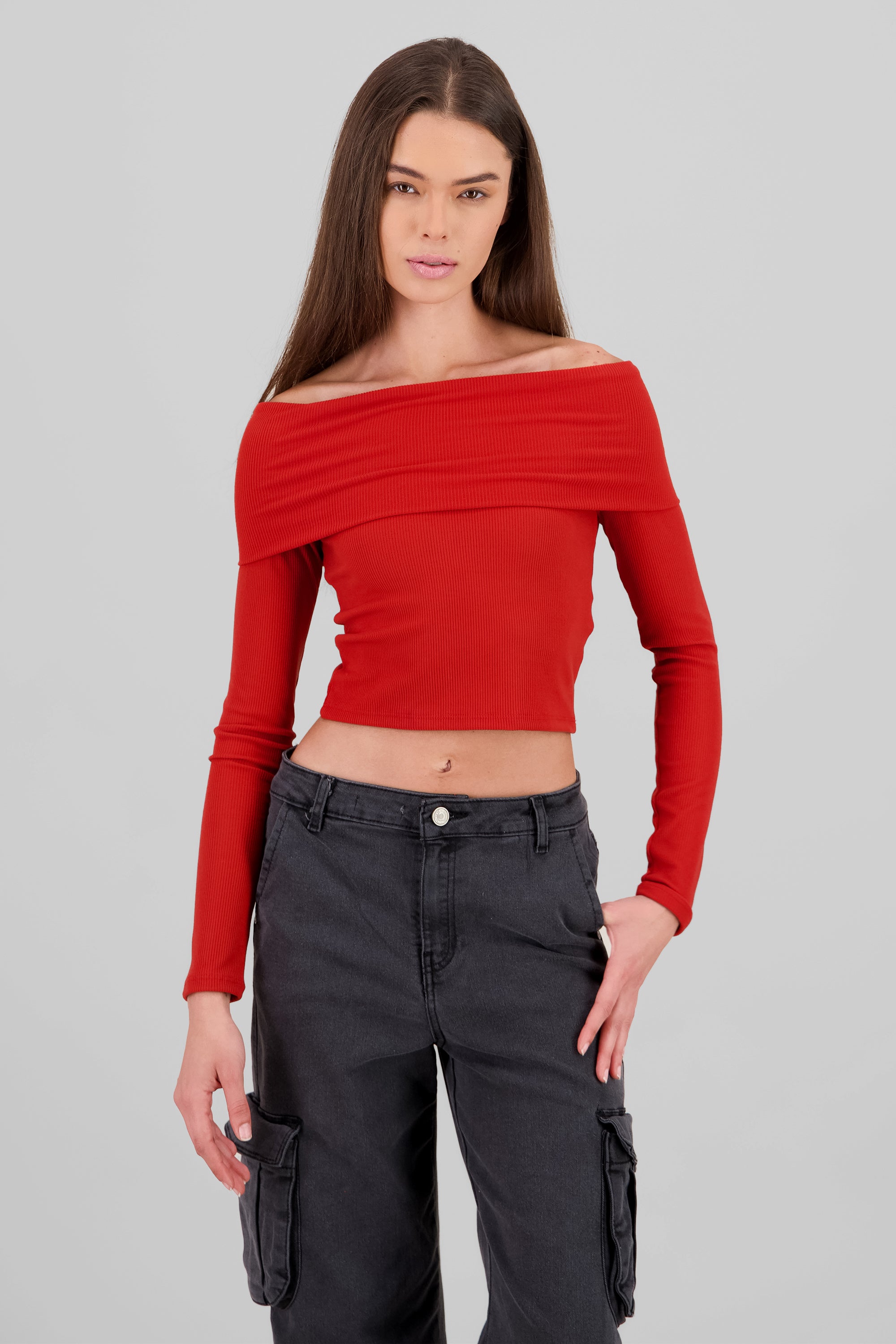 Top off shoulder manga larga rib LADRILLO