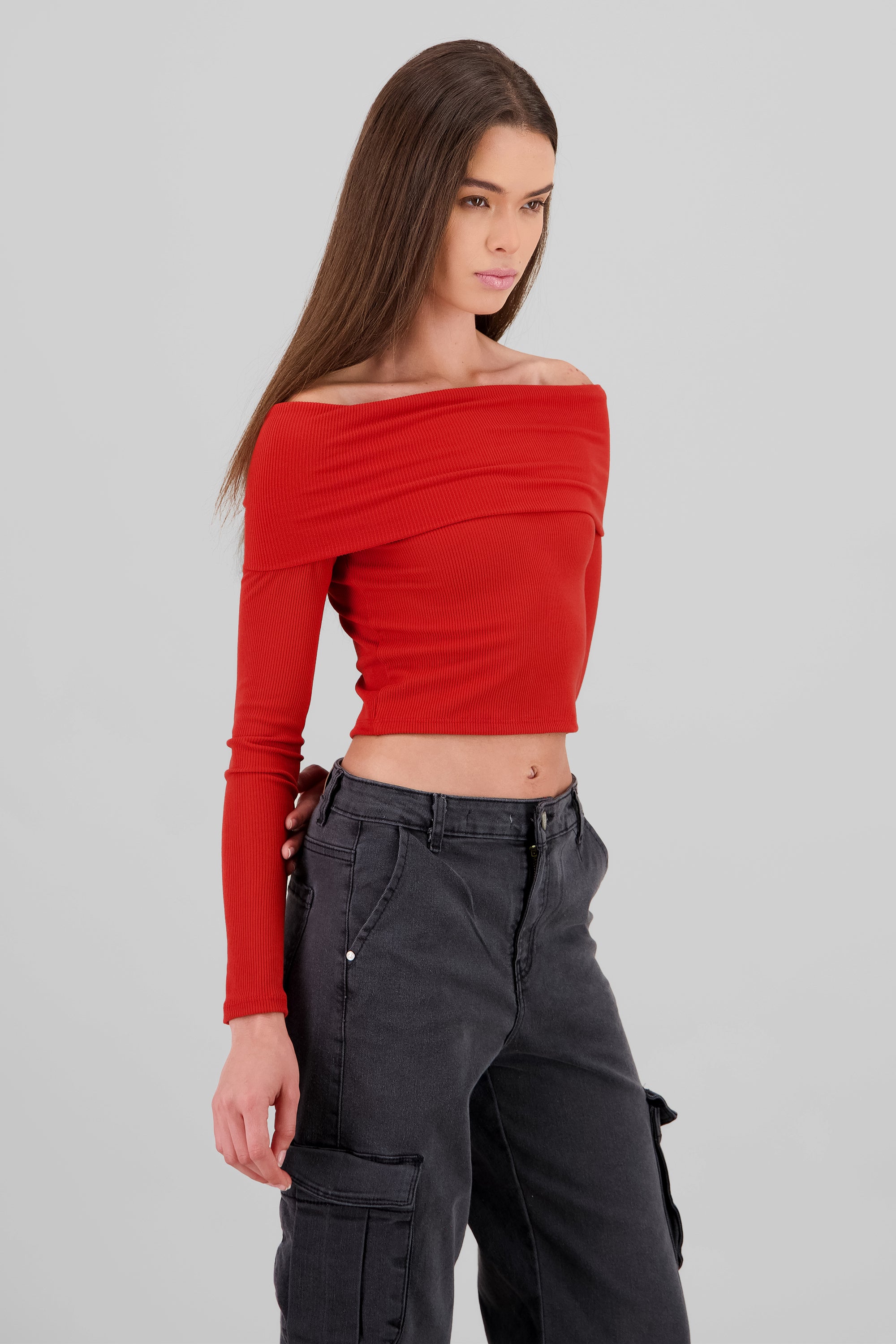 Top off shoulder manga larga rib LADRILLO