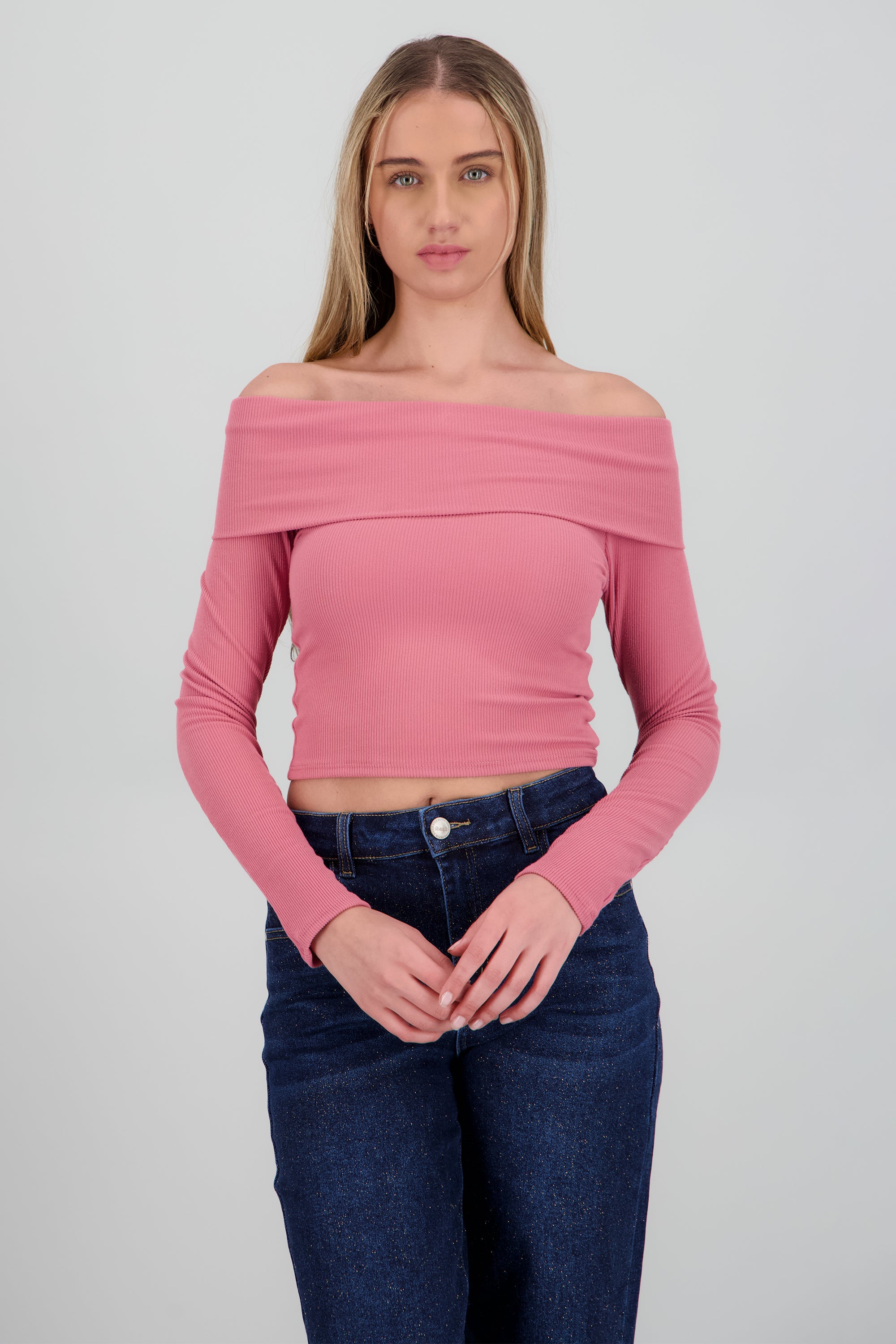 Top off shoulder manga larga rib MARSALA