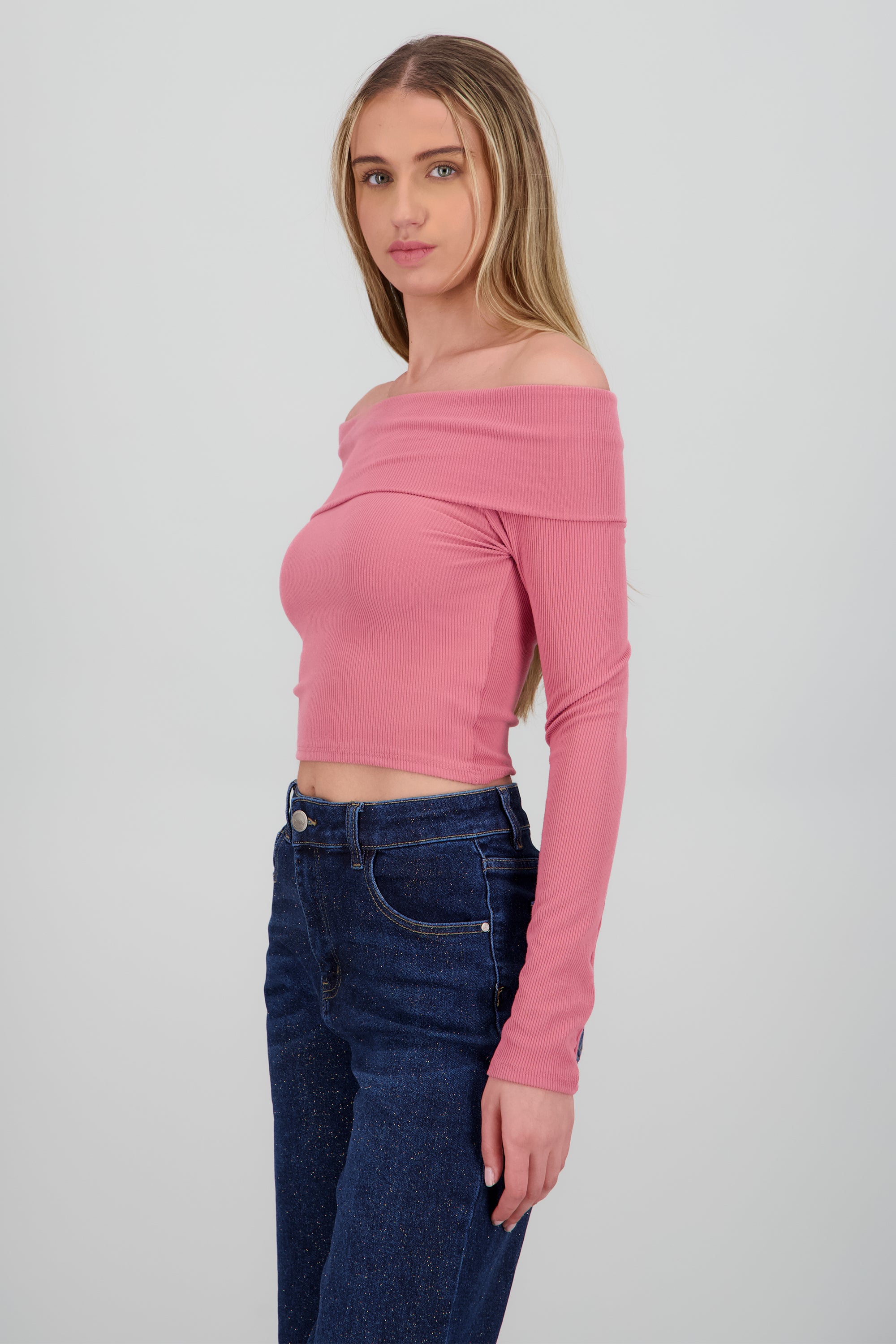 Top off shoulder manga larga rib MARSALA
