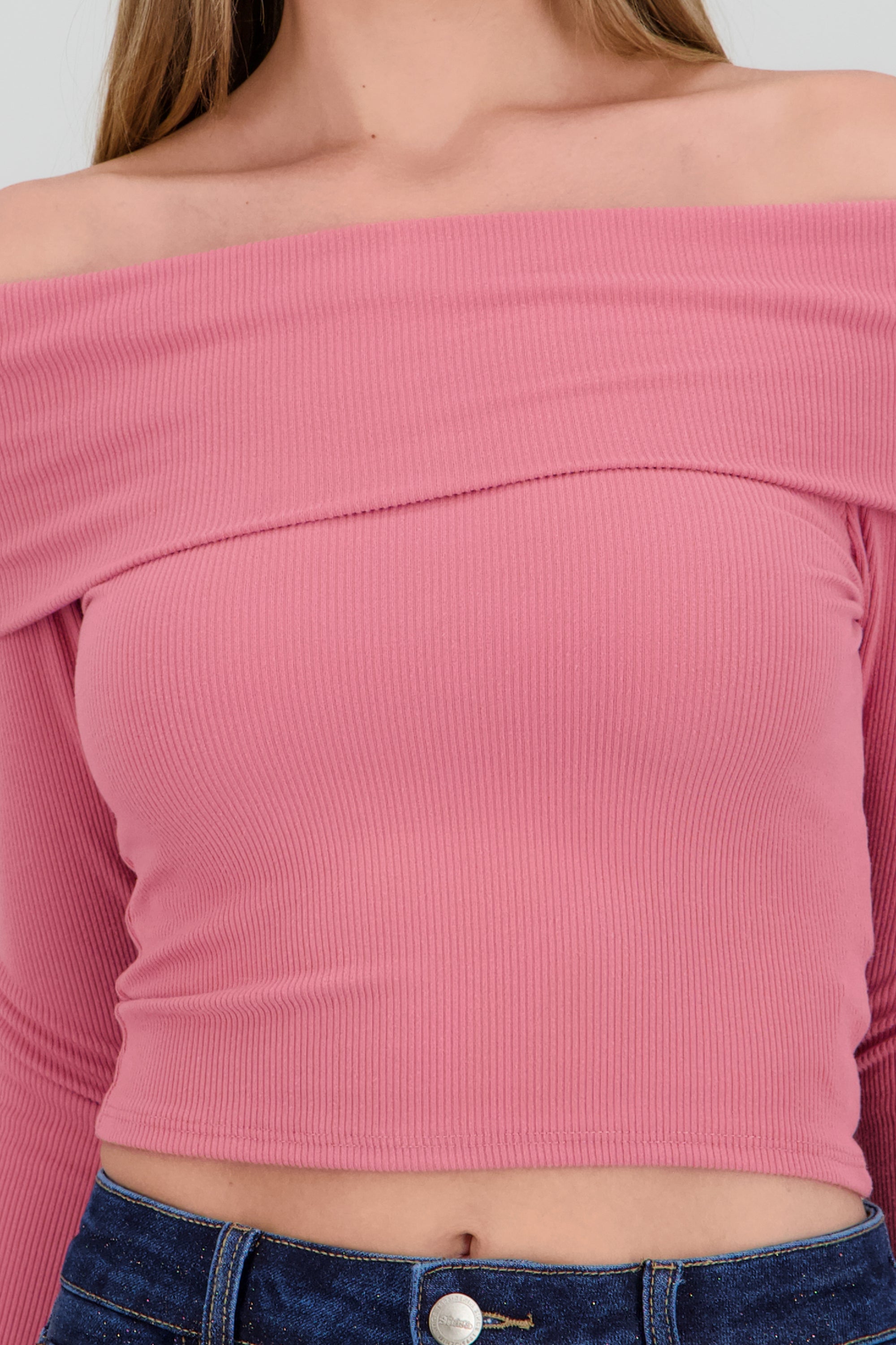 Top off shoulder manga larga rib MARSALA