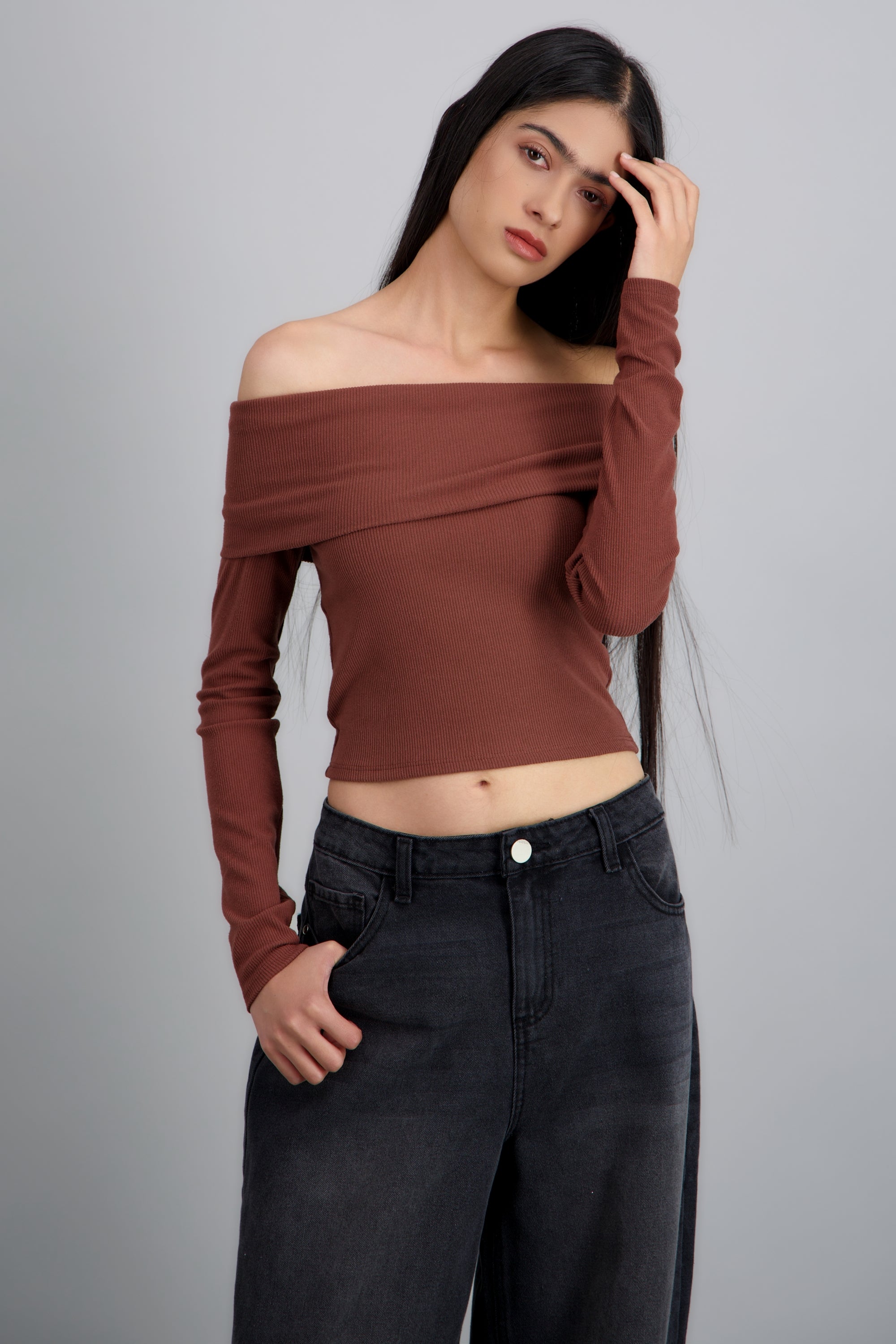 TOP OFF SHOULDER M/L RIB CAFE OBSCURO