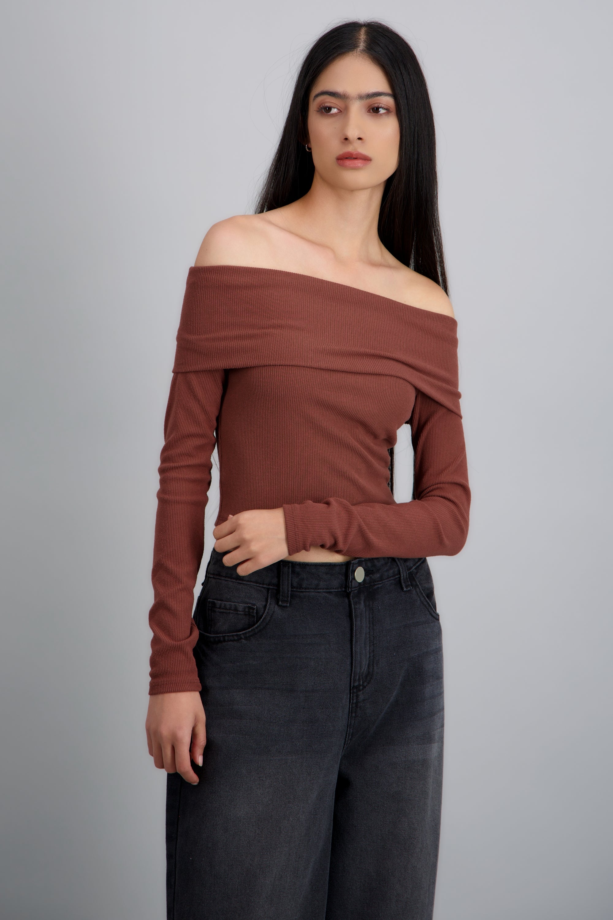 TOP OFF SHOULDER M/L RIB CAFE OBSCURO