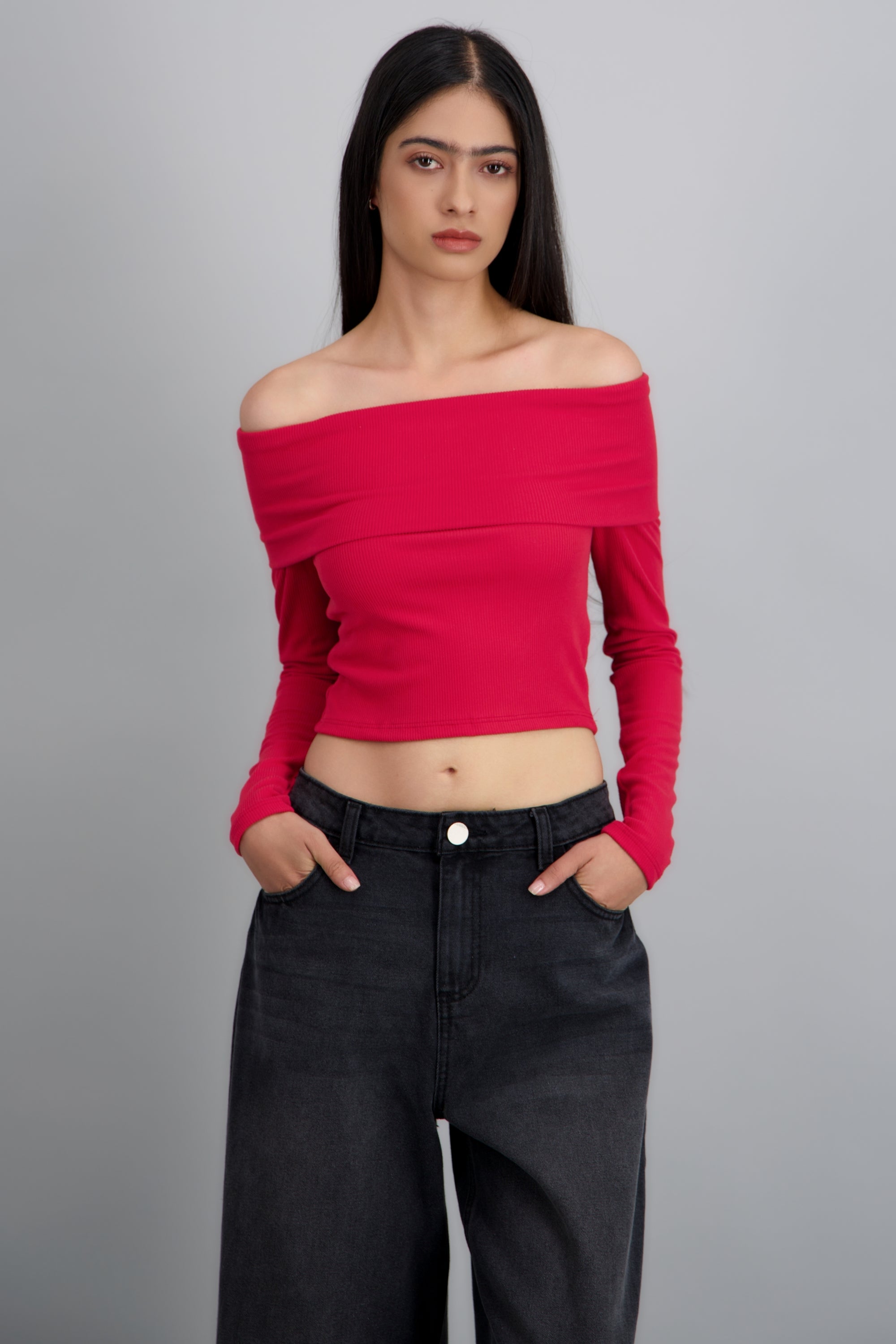 TOP OFF SHOULDER M/L RIB ROJO TOMATE