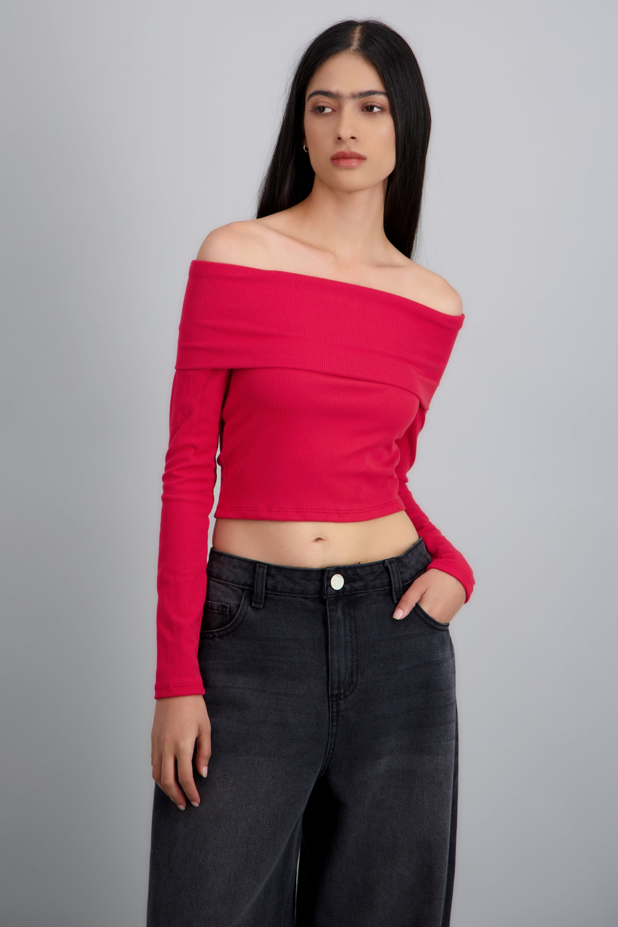 TOP OFF SHOULDER M/L RIB ROJO TOMATE
