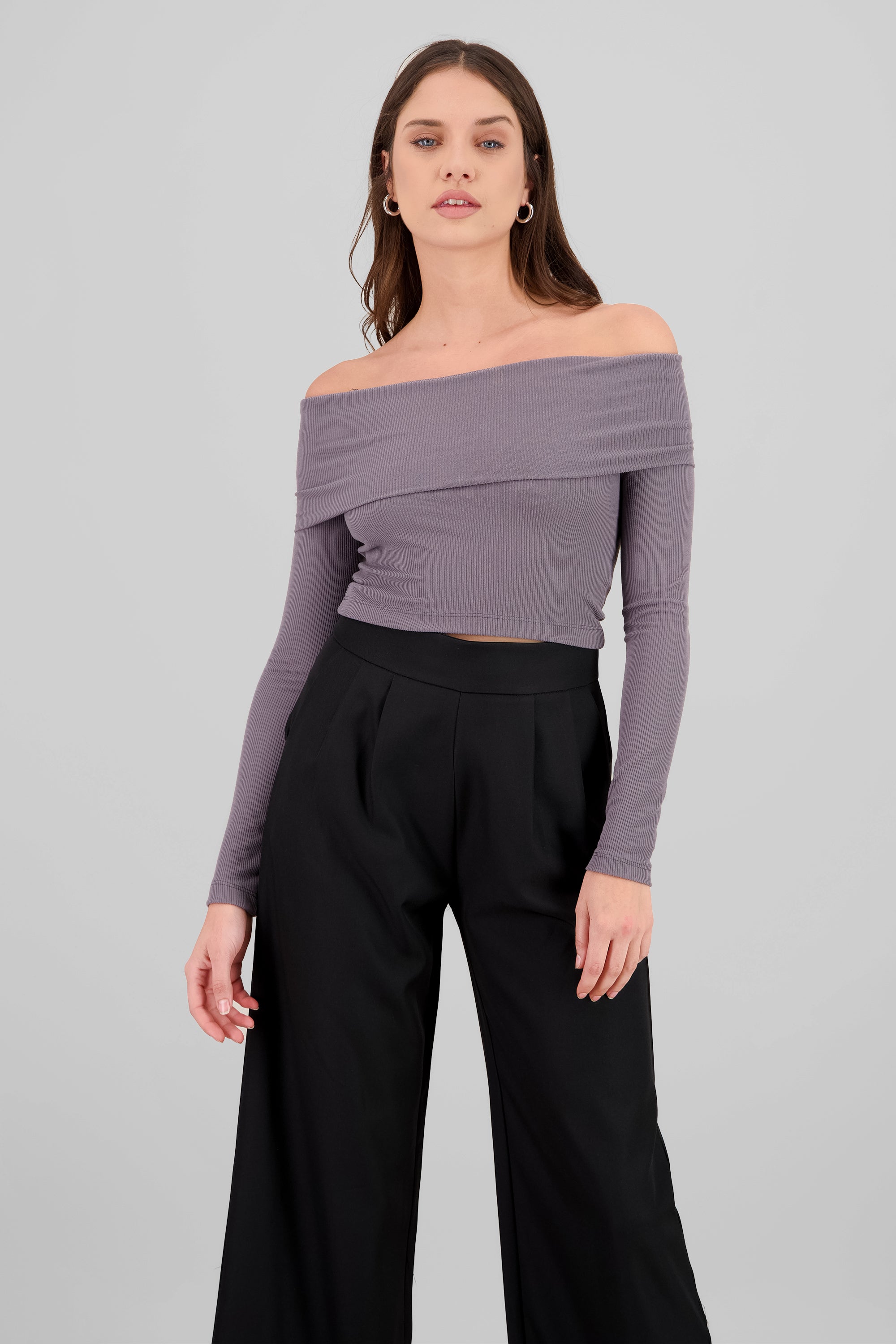 Top off shoulder manga larga rib GRIS OBSCURO