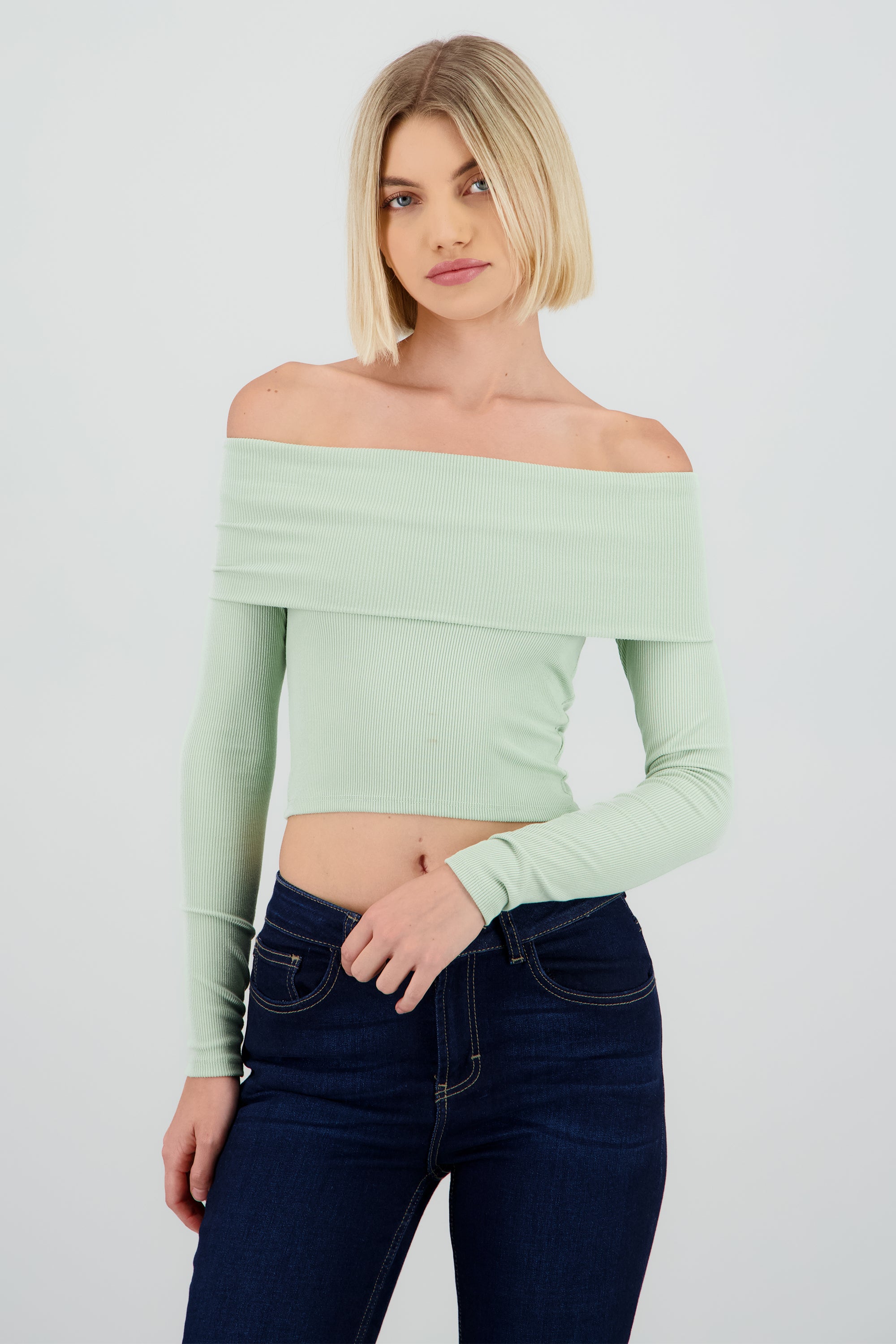 Top off shoulder manga larga rib SAGE