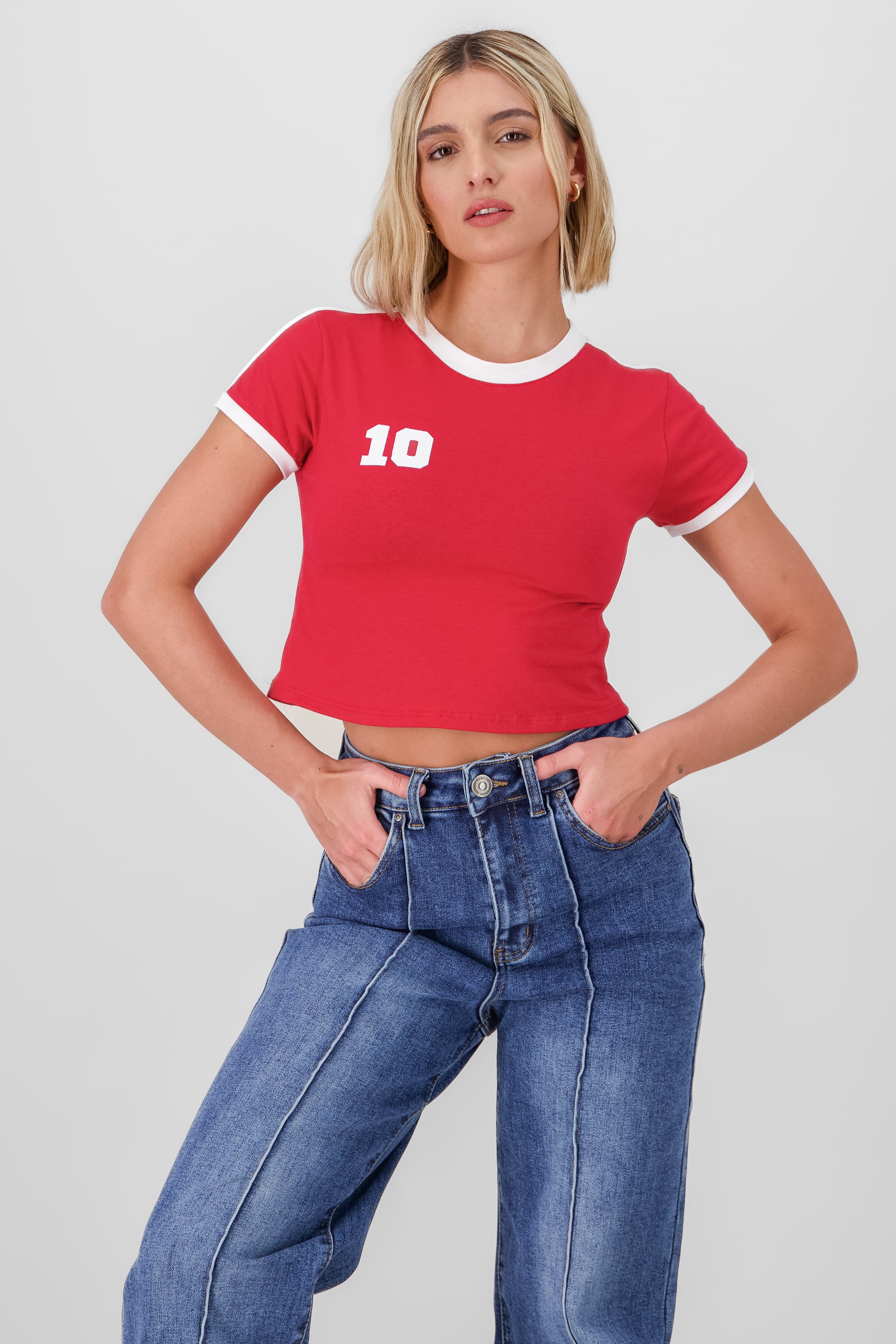 Playera crop contraste manga corta ROJO COMBO