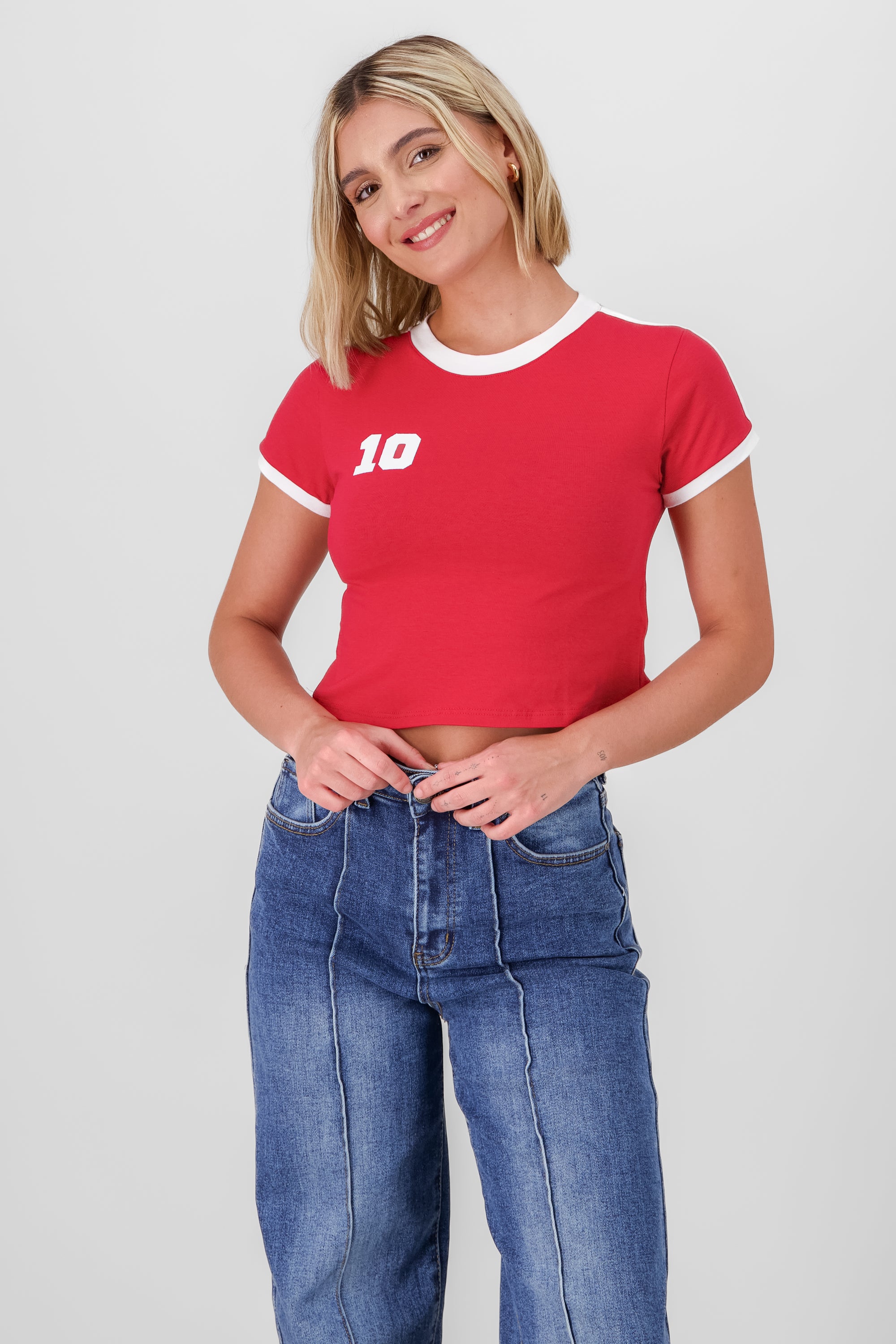 Playera crop contraste manga corta ROJO COMBO